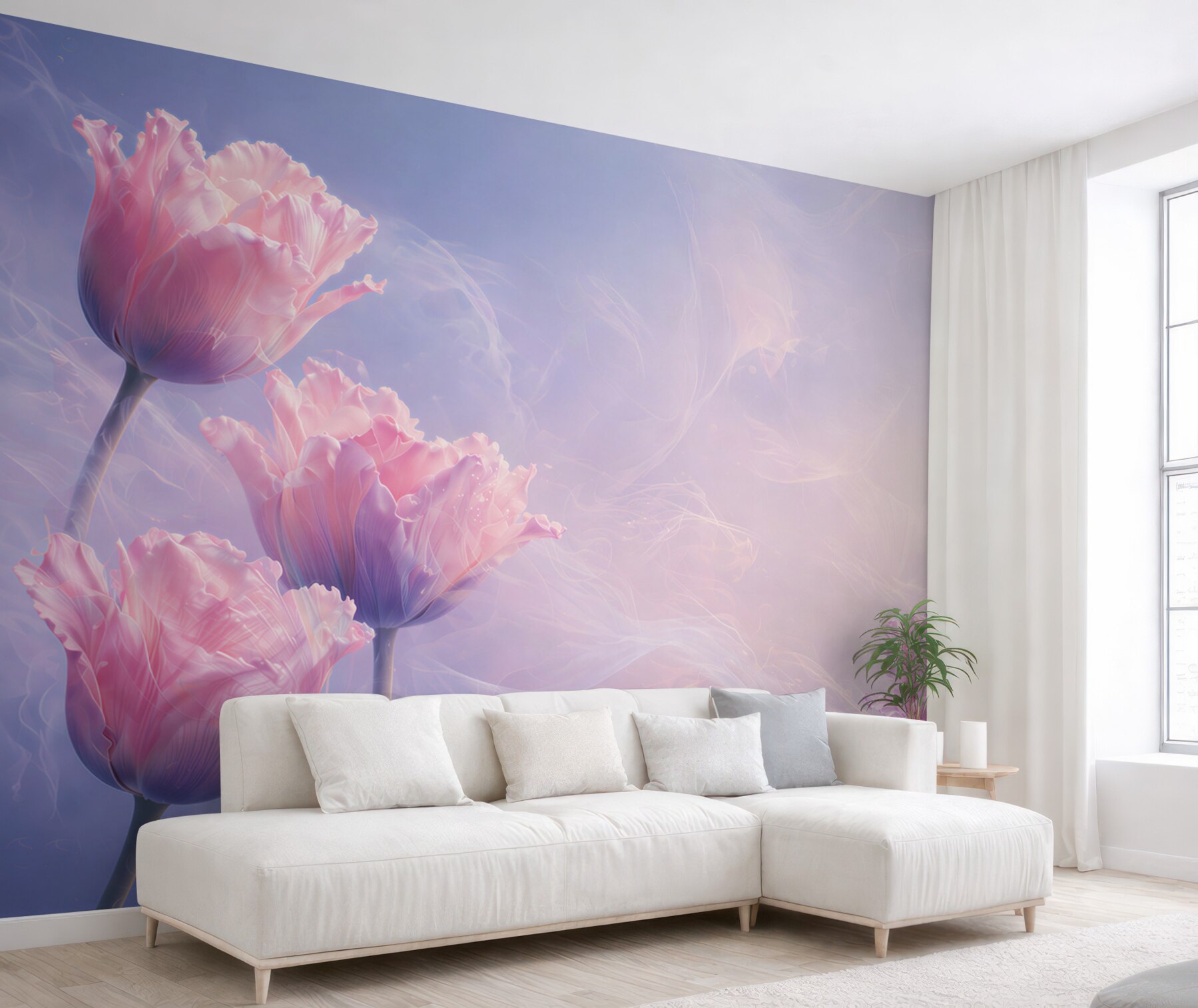 Fototapeta różowe tulipany pastelowe na delikatnym fioletowym tle