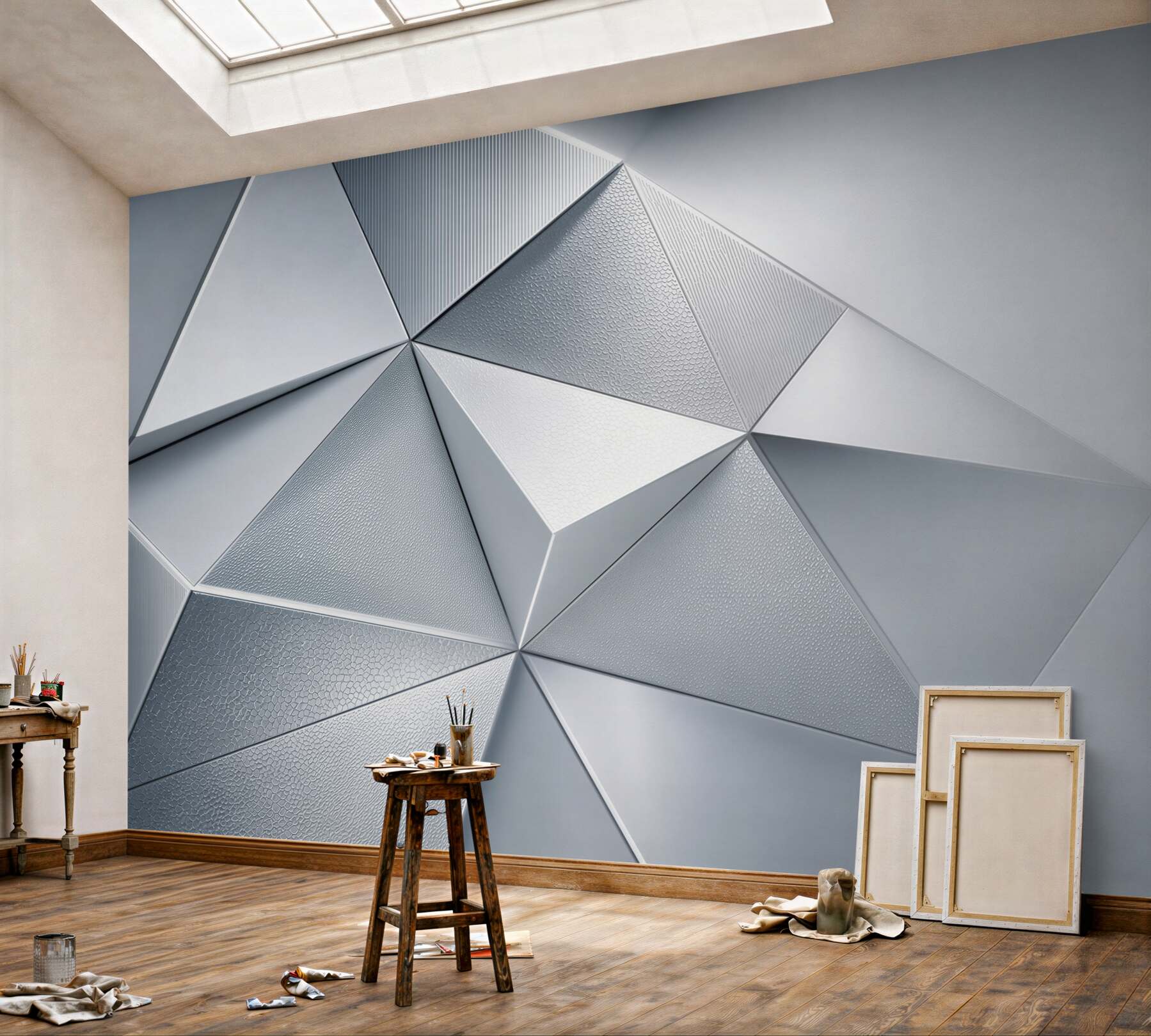 Fototapeta geometryczne trójkąty 3D srebrnoszare nowoczesne