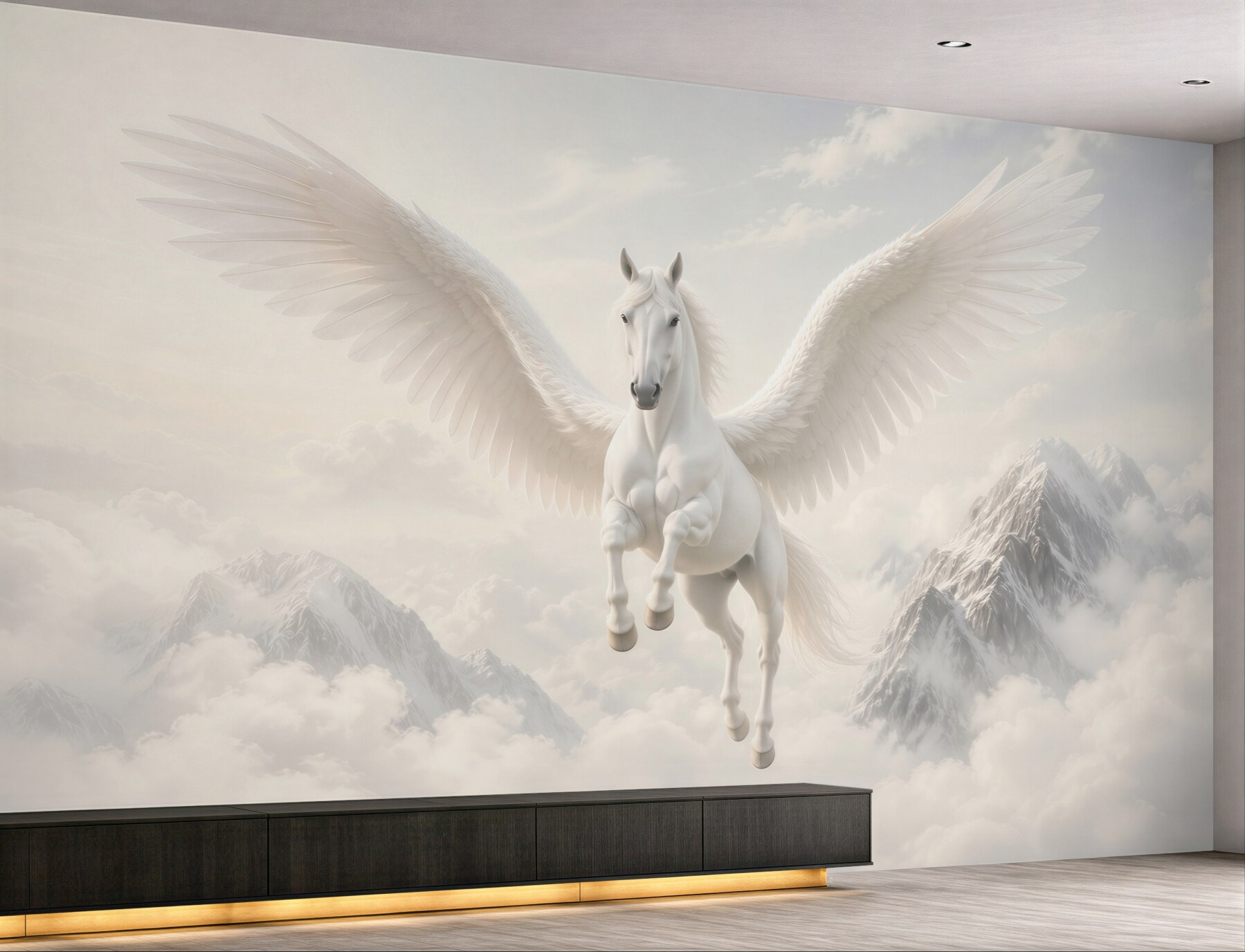 Fototapeta biały pegaz w chmurach nad górami fantasy