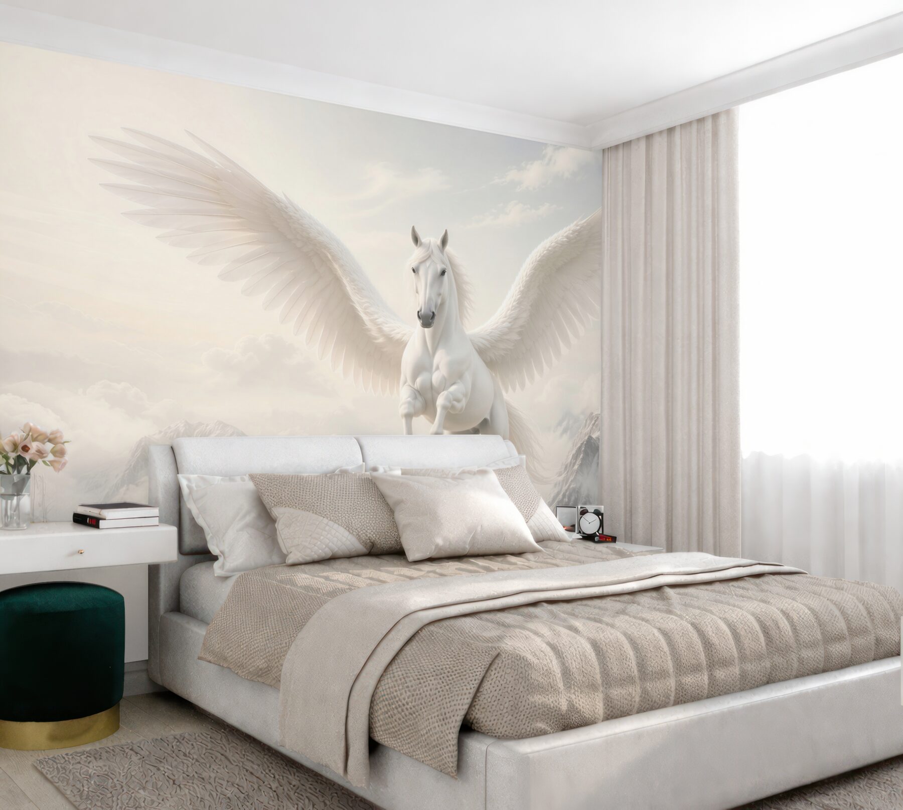 Fototapeta biały pegaz w chmurach nad górami fantasy