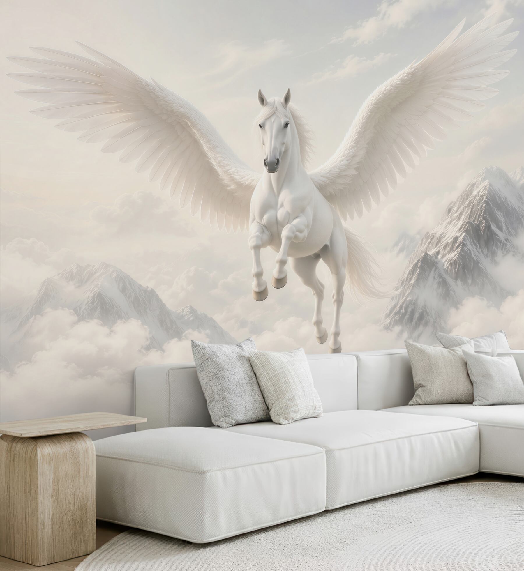Fototapeta biały pegaz w chmurach nad górami fantasy