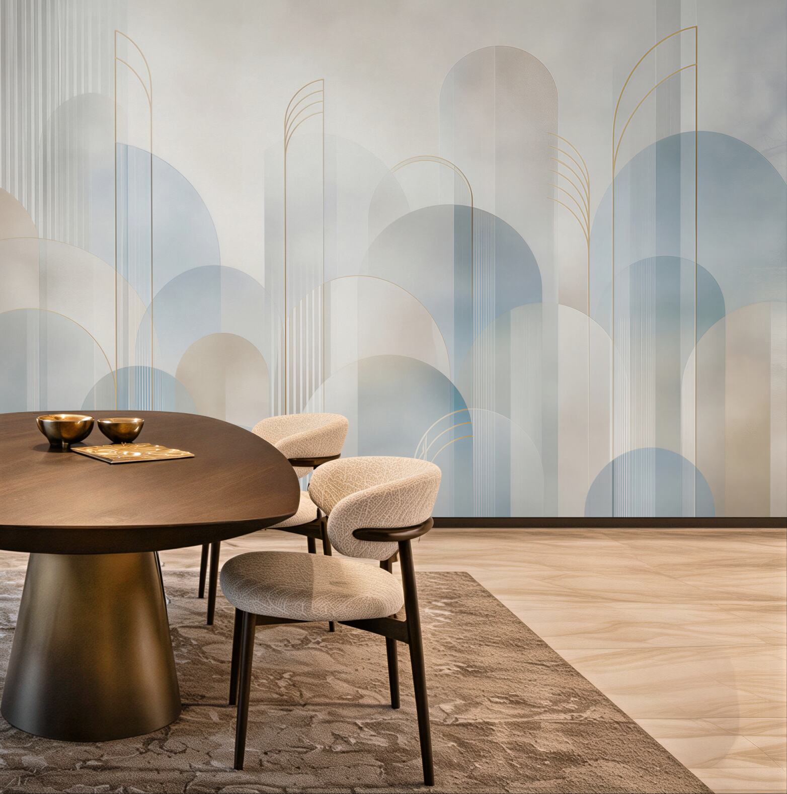 Fototapeta geometryczne łuki błękitno beżowe w stylu art déco