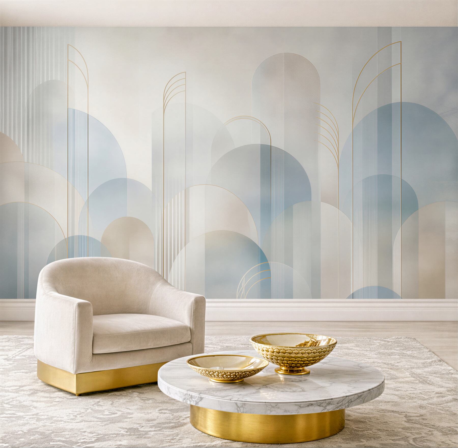 Fototapeta geometryczne łuki błękitno beżowe w stylu art déco