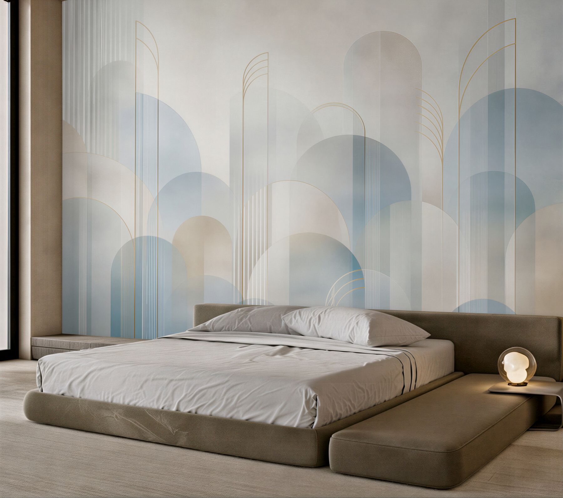 Fototapeta geometryczne łuki błękitno beżowe w stylu art déco