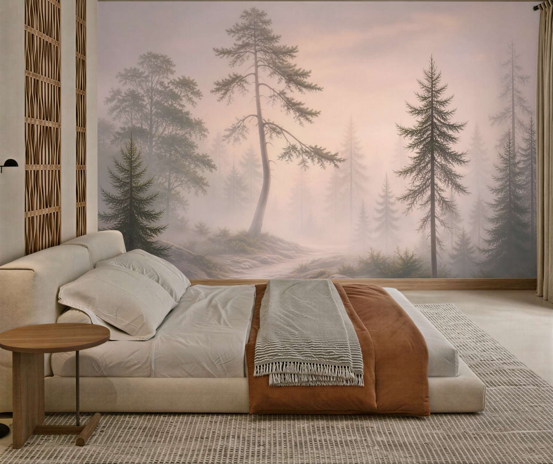 Fototapeta sosnowy las we mgle o świcie pastelowy krajobraz