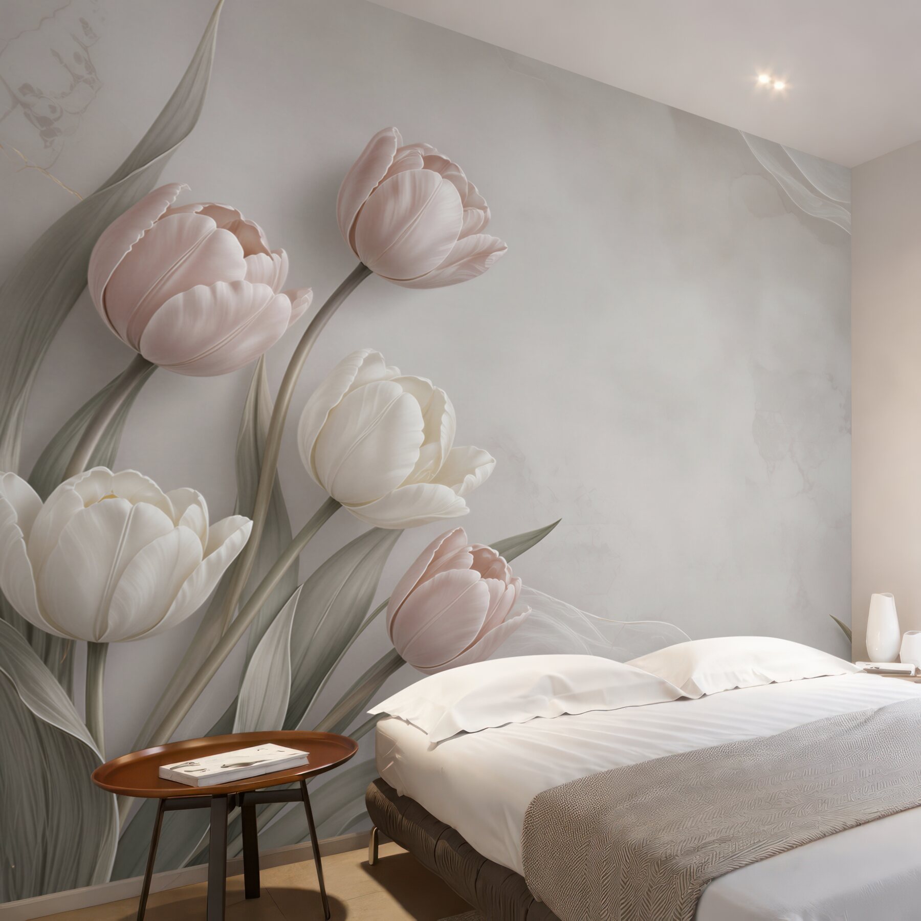 Fototapeta tulipany pudrowy róż i biel na beżowym tle elegancka