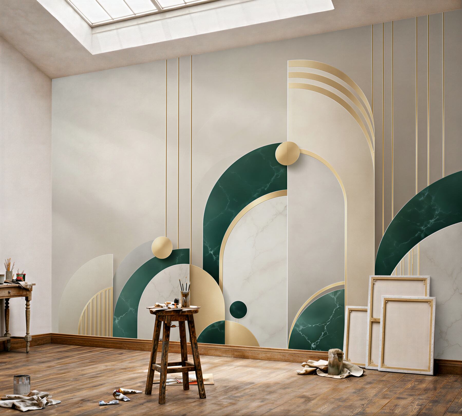 Fototapeta geometryczna art deco zielona ze złotem i marmurem