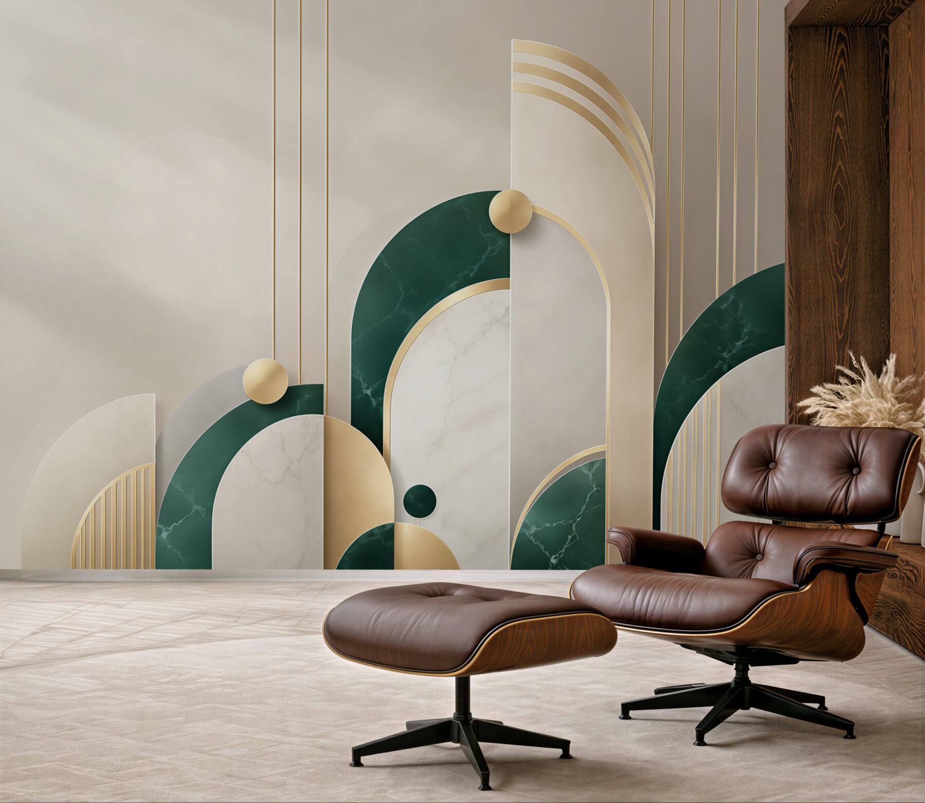 Fototapeta geometryczna art deco zielona ze złotem i marmurem
