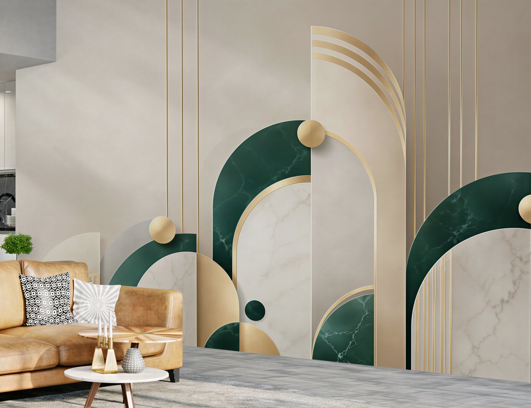 Fototapeta geometryczna art deco zielona ze złotem i marmurem