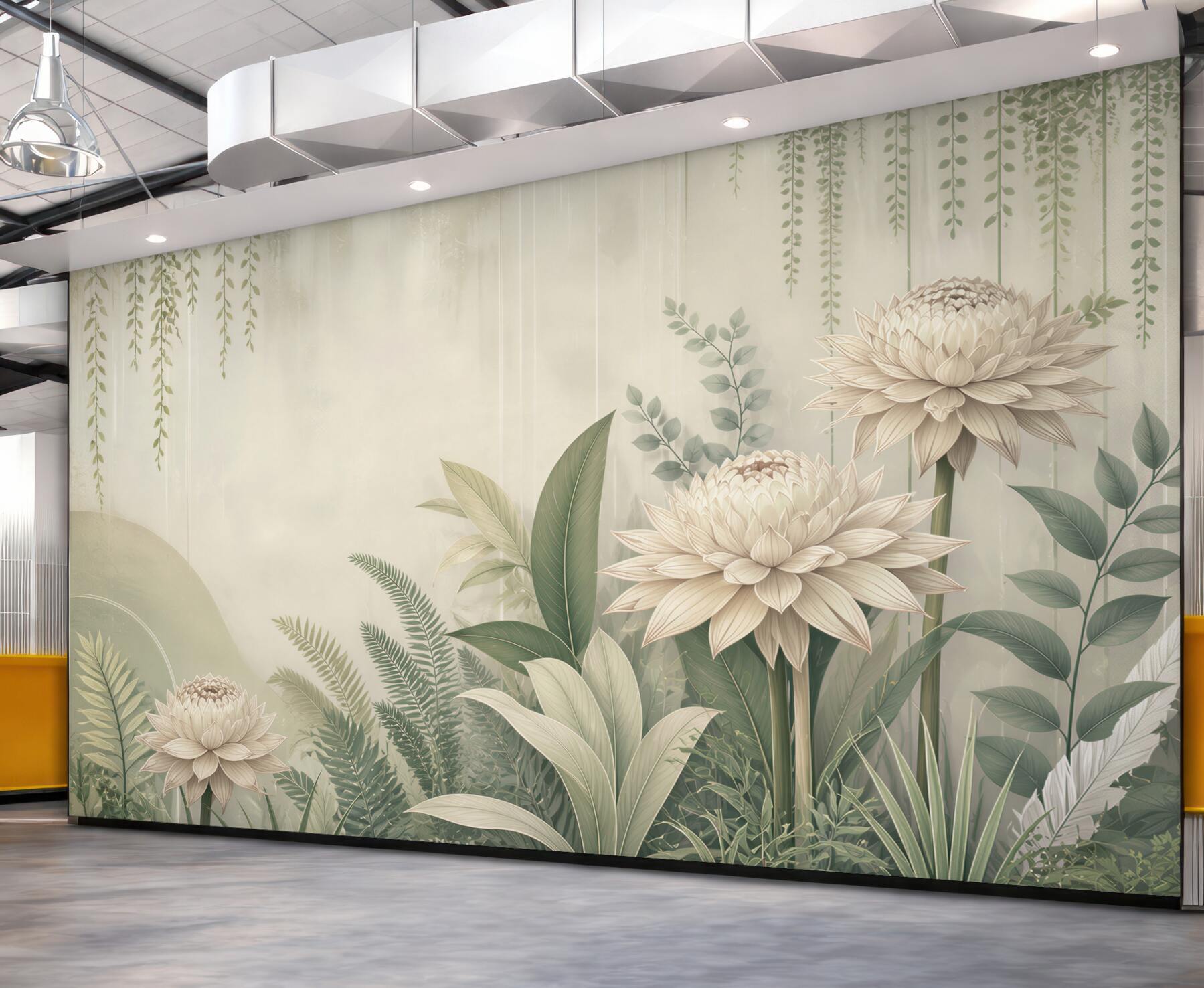 Fototapeta kremowe kwiaty i zielone liście w botanicznym stylu