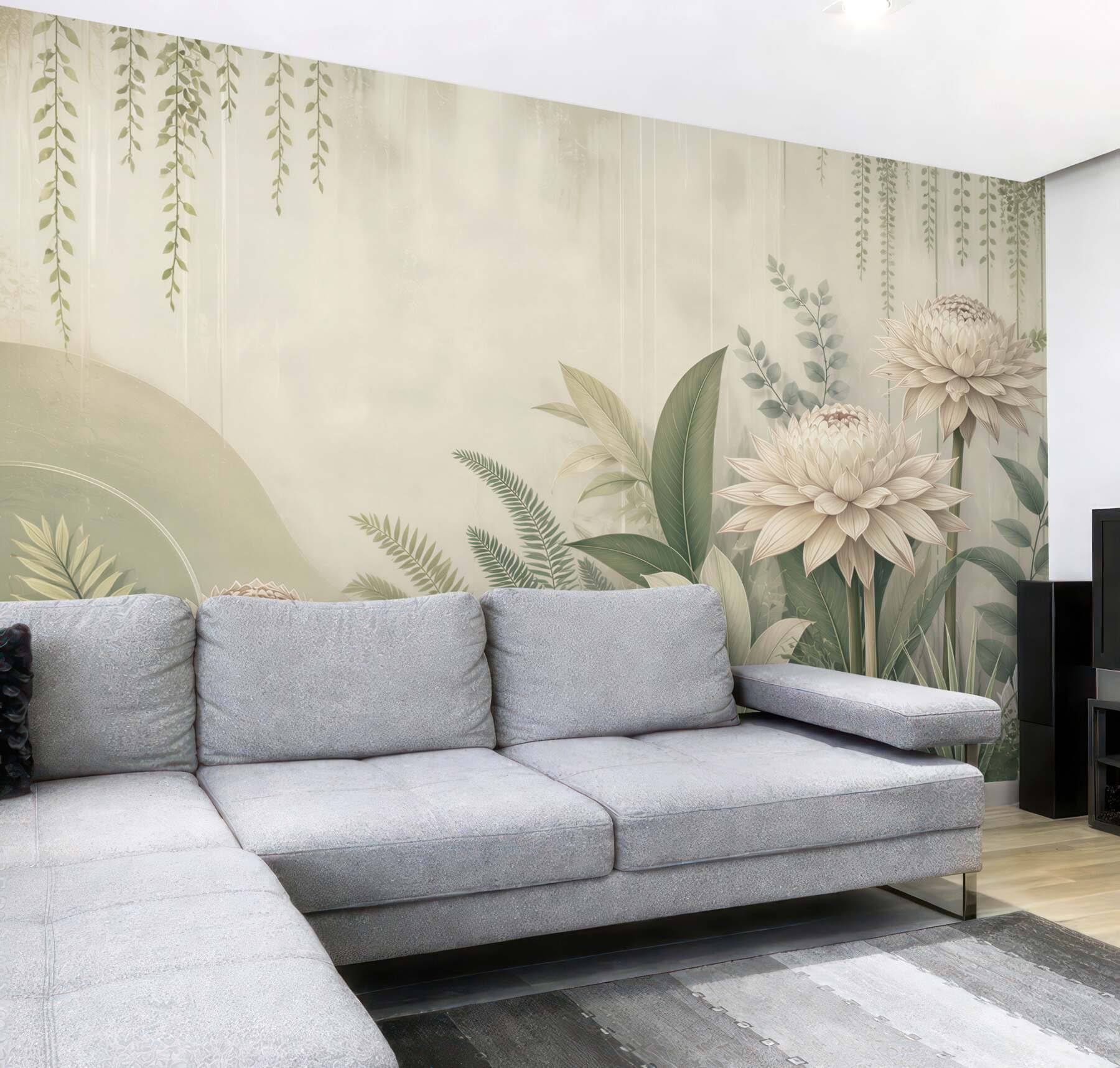Fototapeta kremowe kwiaty i zielone liście w botanicznym stylu