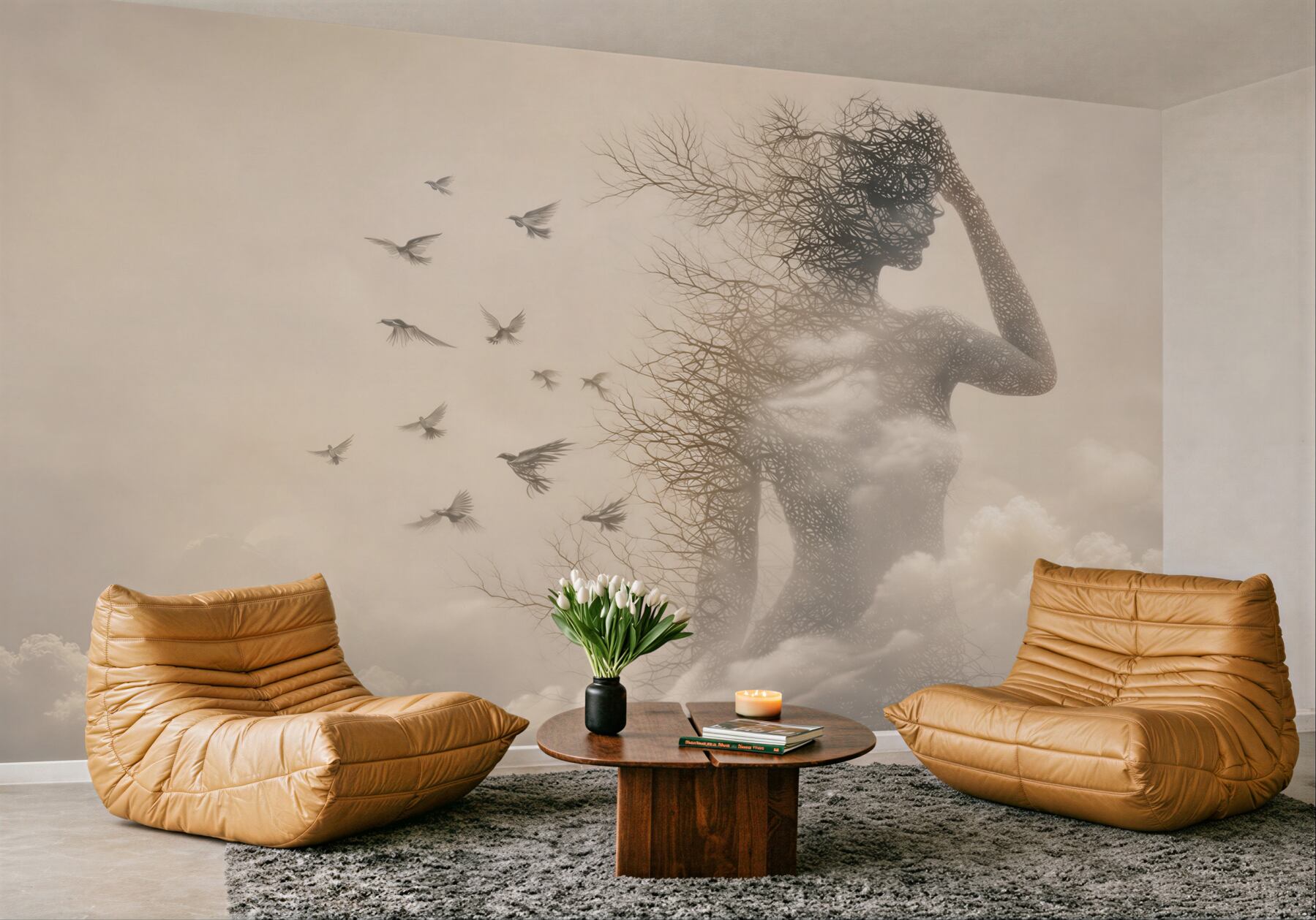 Fototapeta kobieca sylwetka z gałęzi i ptaków w chmurach surrealistyczna beżowa