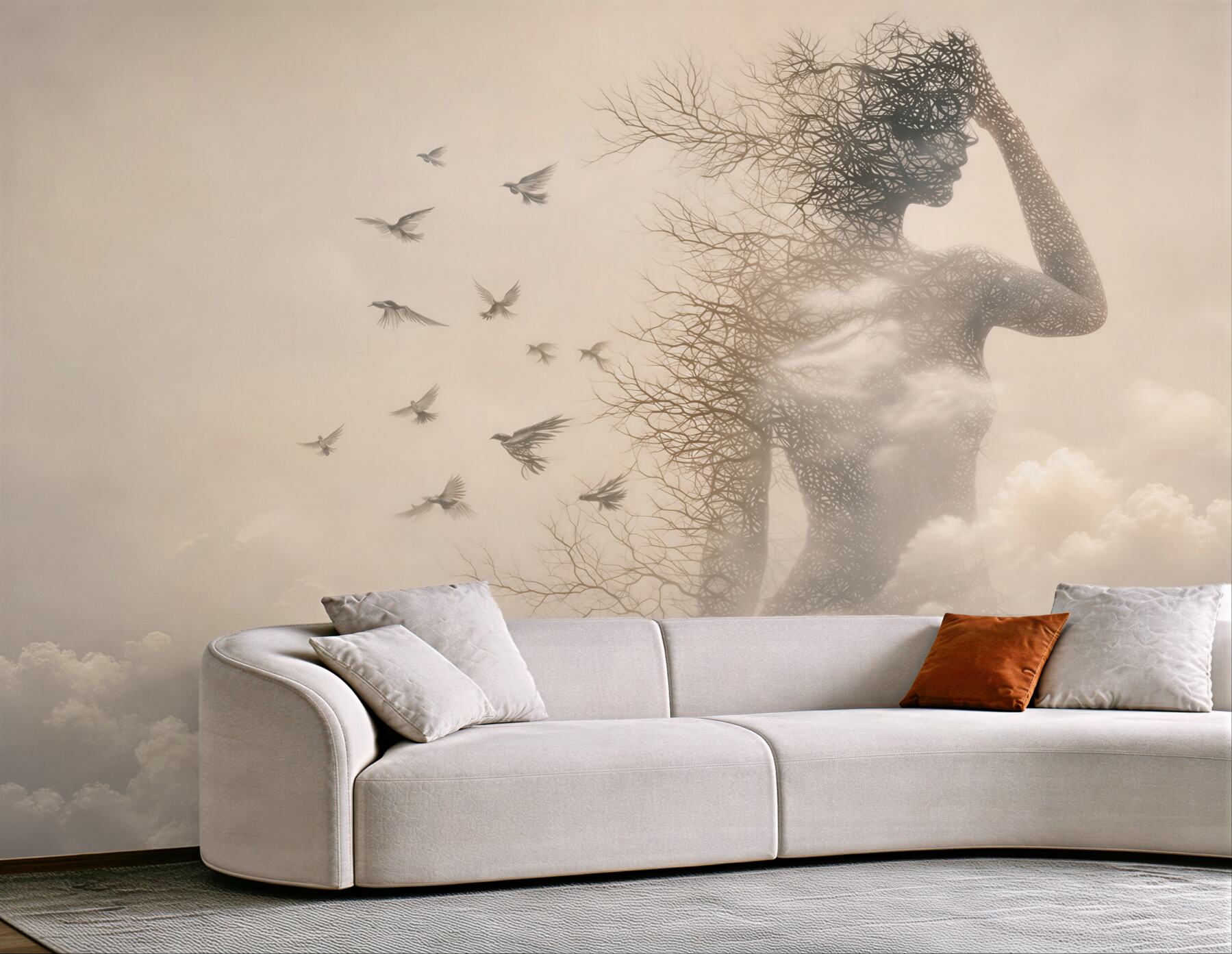 Fototapeta kobieca sylwetka z gałęzi i ptaków w chmurach surrealistyczna beżowa