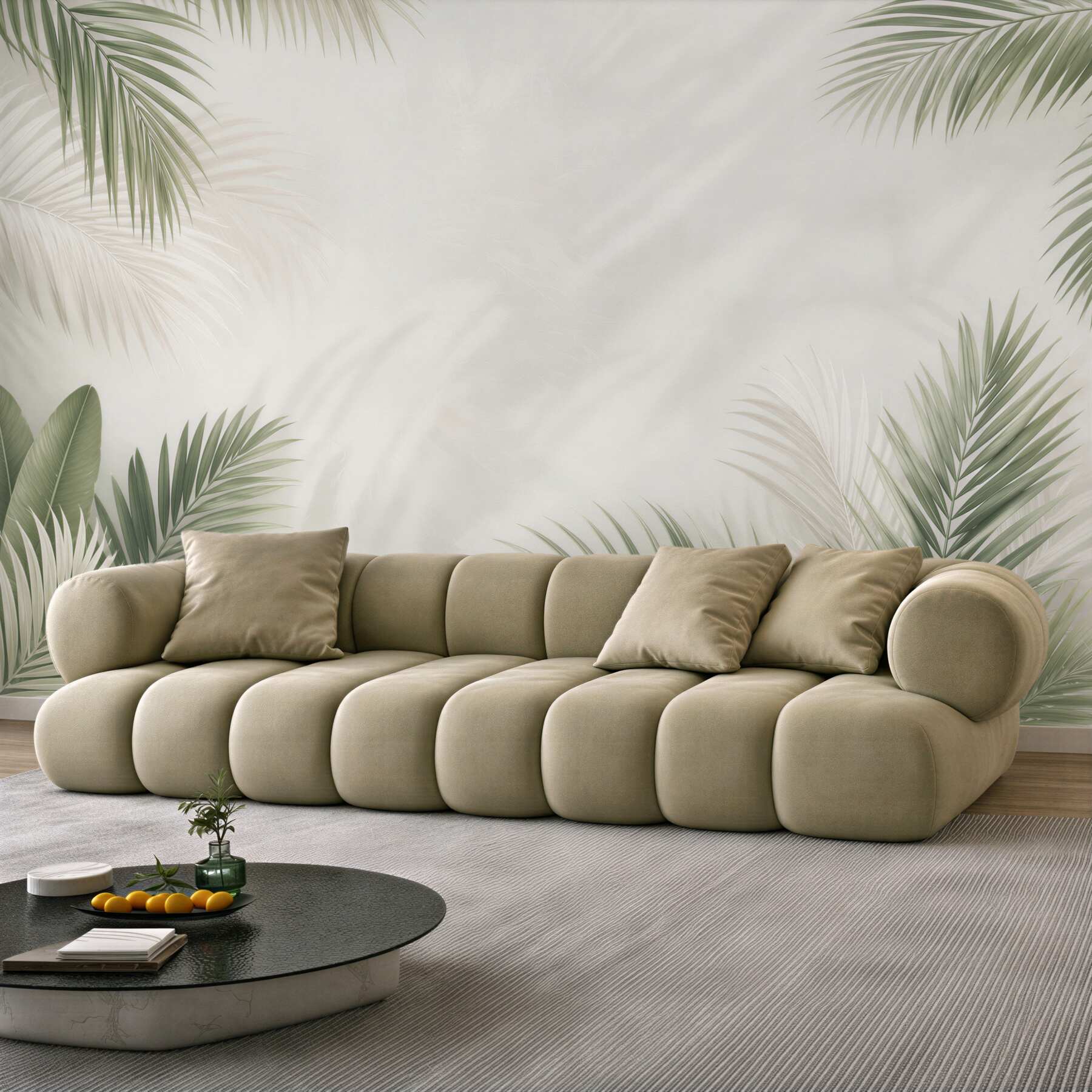 Fototapeta liście palmowe beżowo zielone w stylu tropikalnym