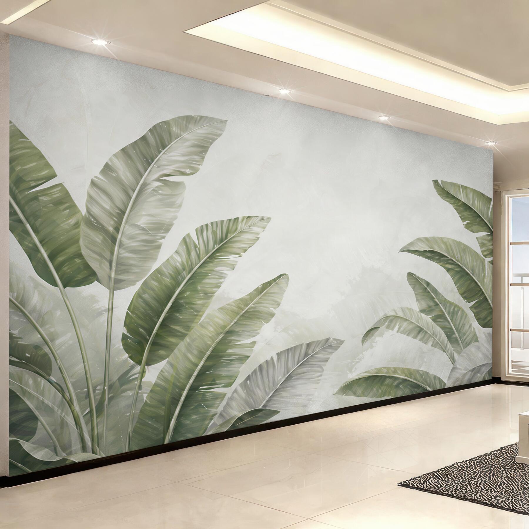Fototapeta liście bananowca zielone na jasnym tle w stylu tropical soft