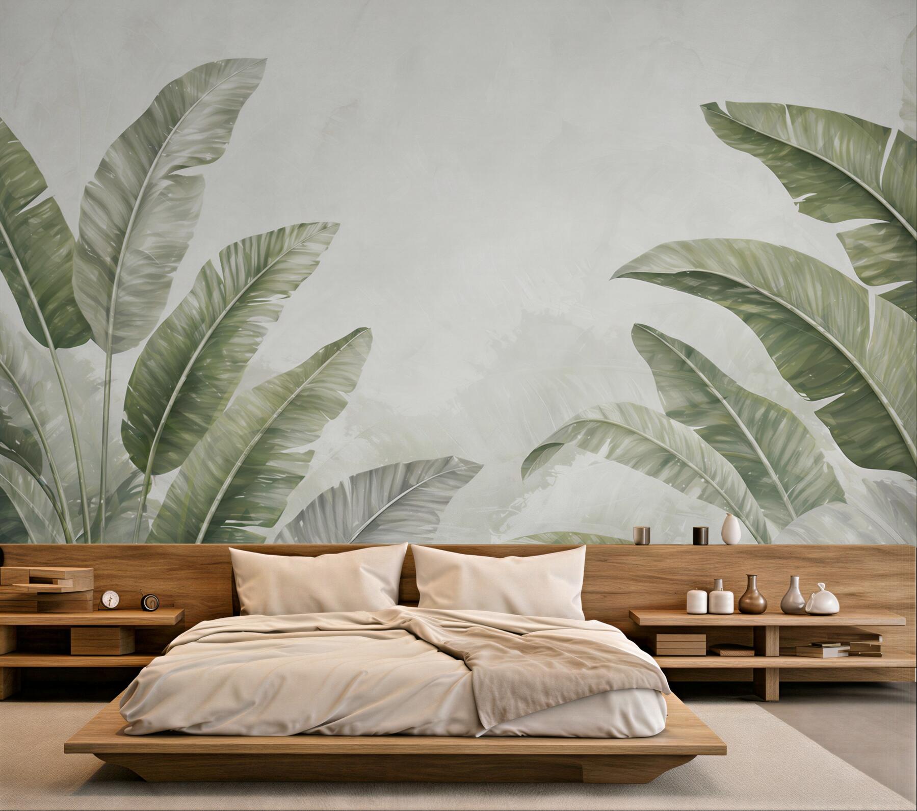 Fototapeta liście bananowca zielone na jasnym tle w stylu tropical soft