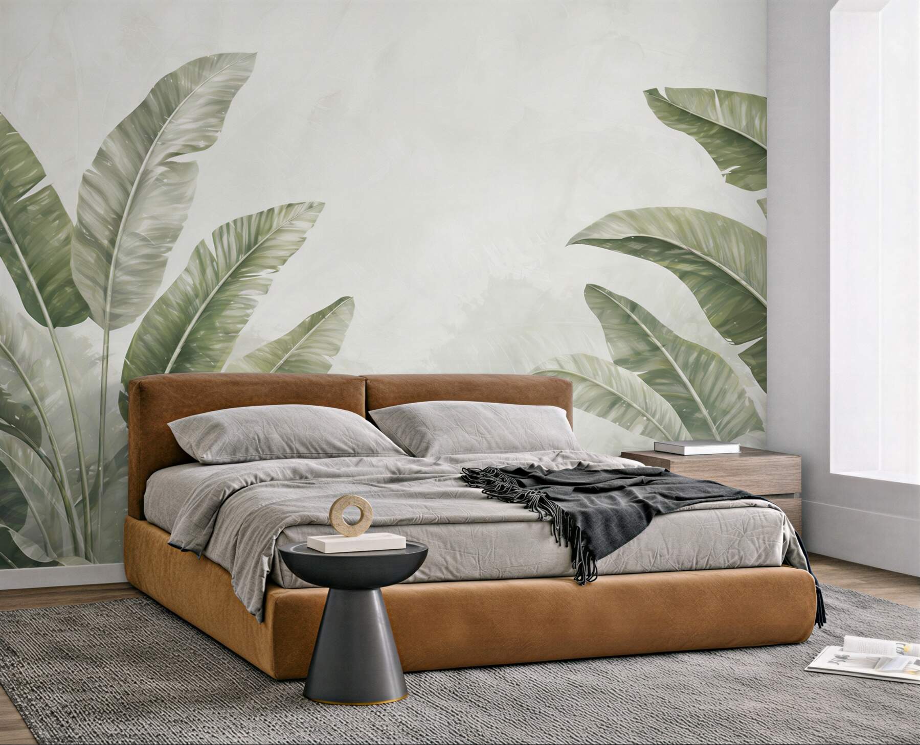 Fototapeta liście bananowca zielone na jasnym tle w stylu tropical soft