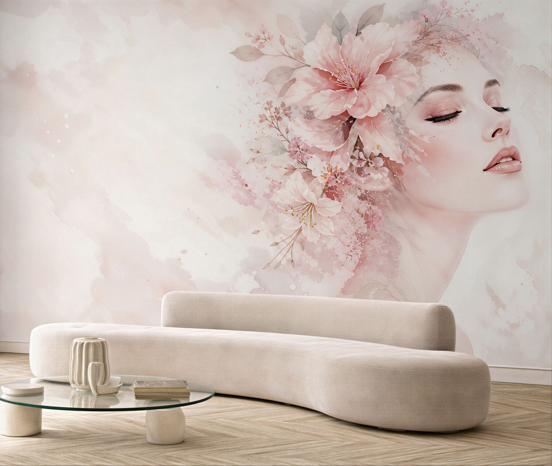 Fototapeta kobieta z kwiatami pastelowa różowa elegancja do sypialni