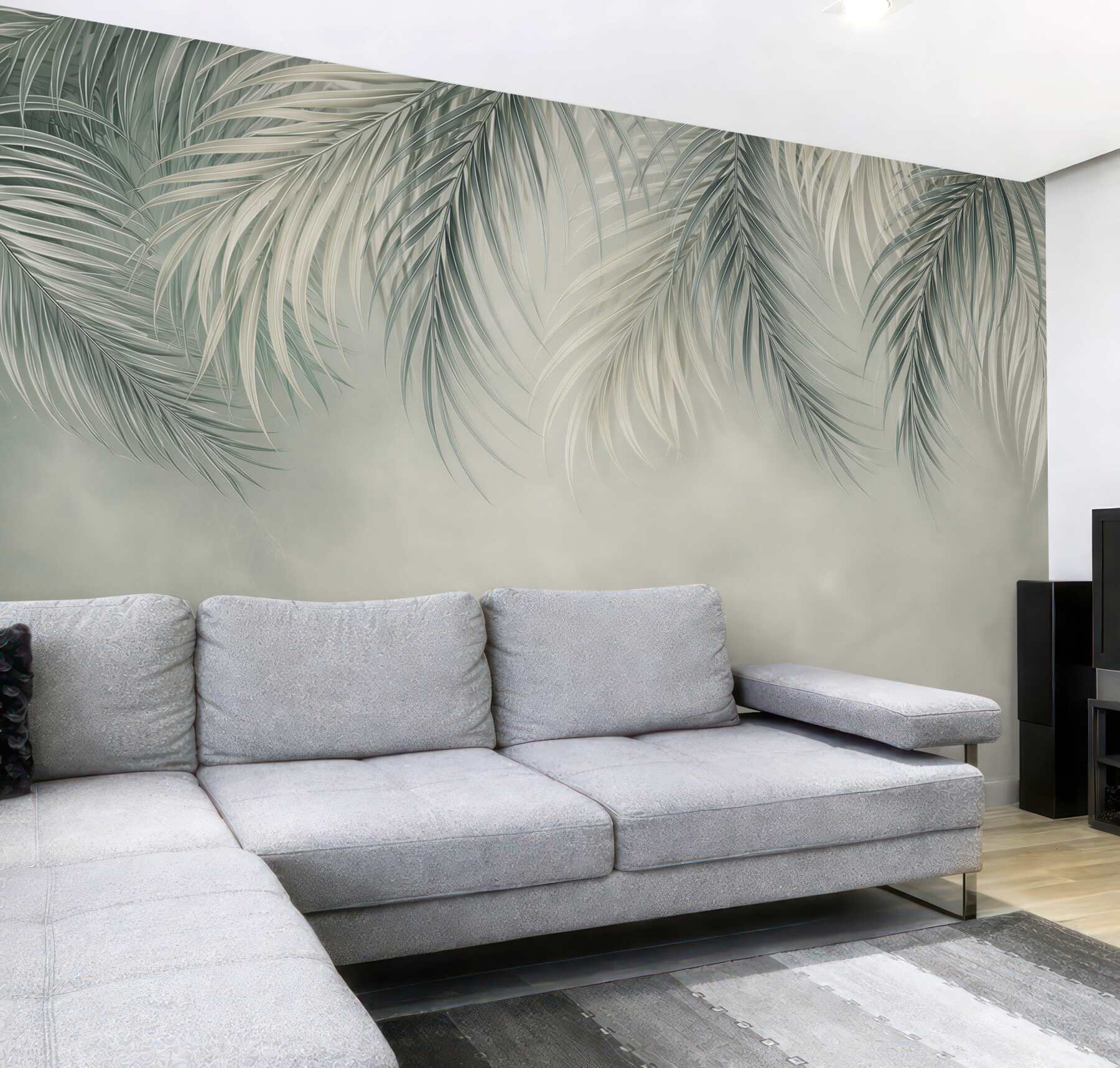 Fototapeta liście palmowe beżowo zielone subtelne do nowoczesnego wnętrza