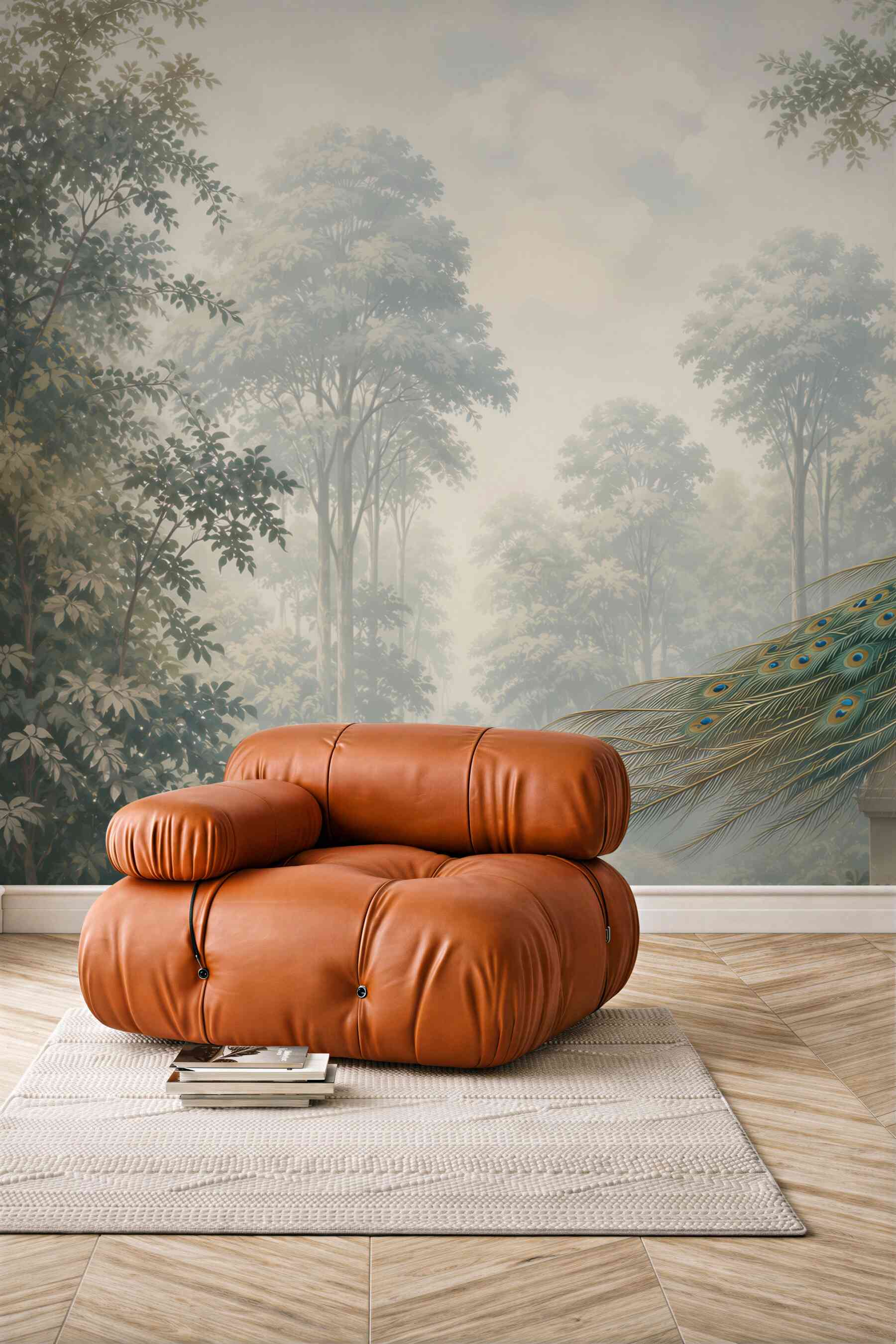 Fototapeta paw na tarasie wśród mglistych drzew elegancka pastelowa