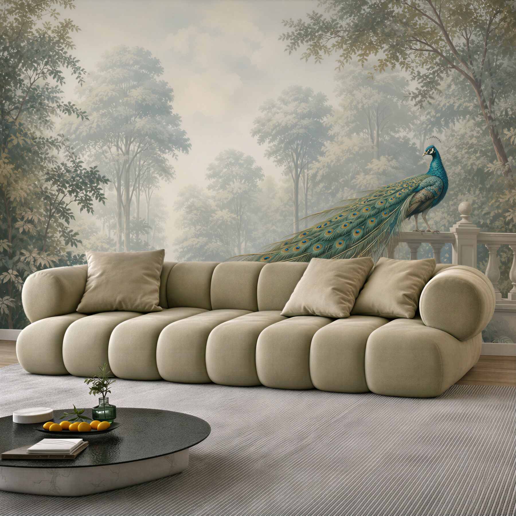 Fototapeta paw na tarasie wśród mglistych drzew elegancka pastelowa