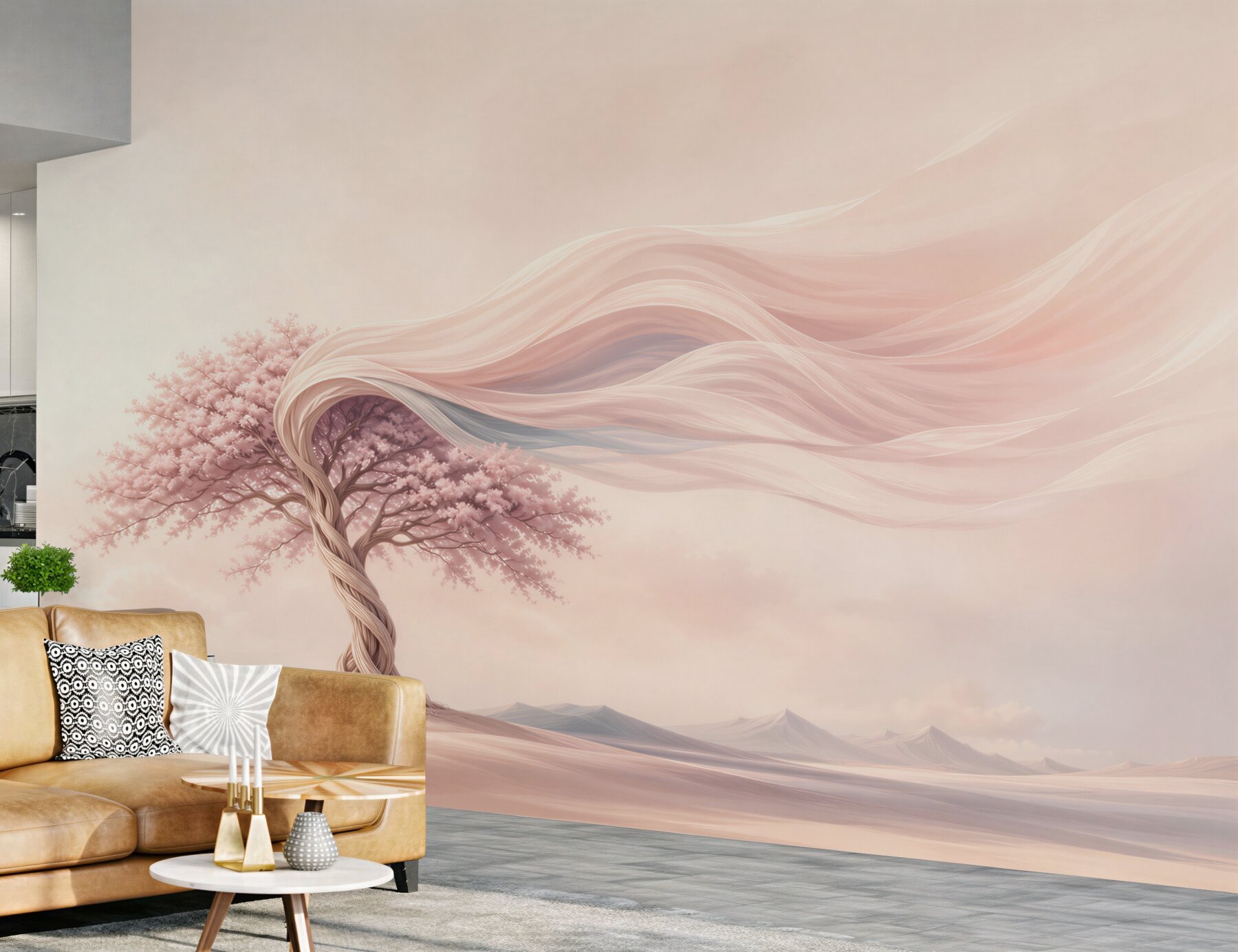 Fototapeta różowe drzewo fantasy na pastelowym krajobrazie