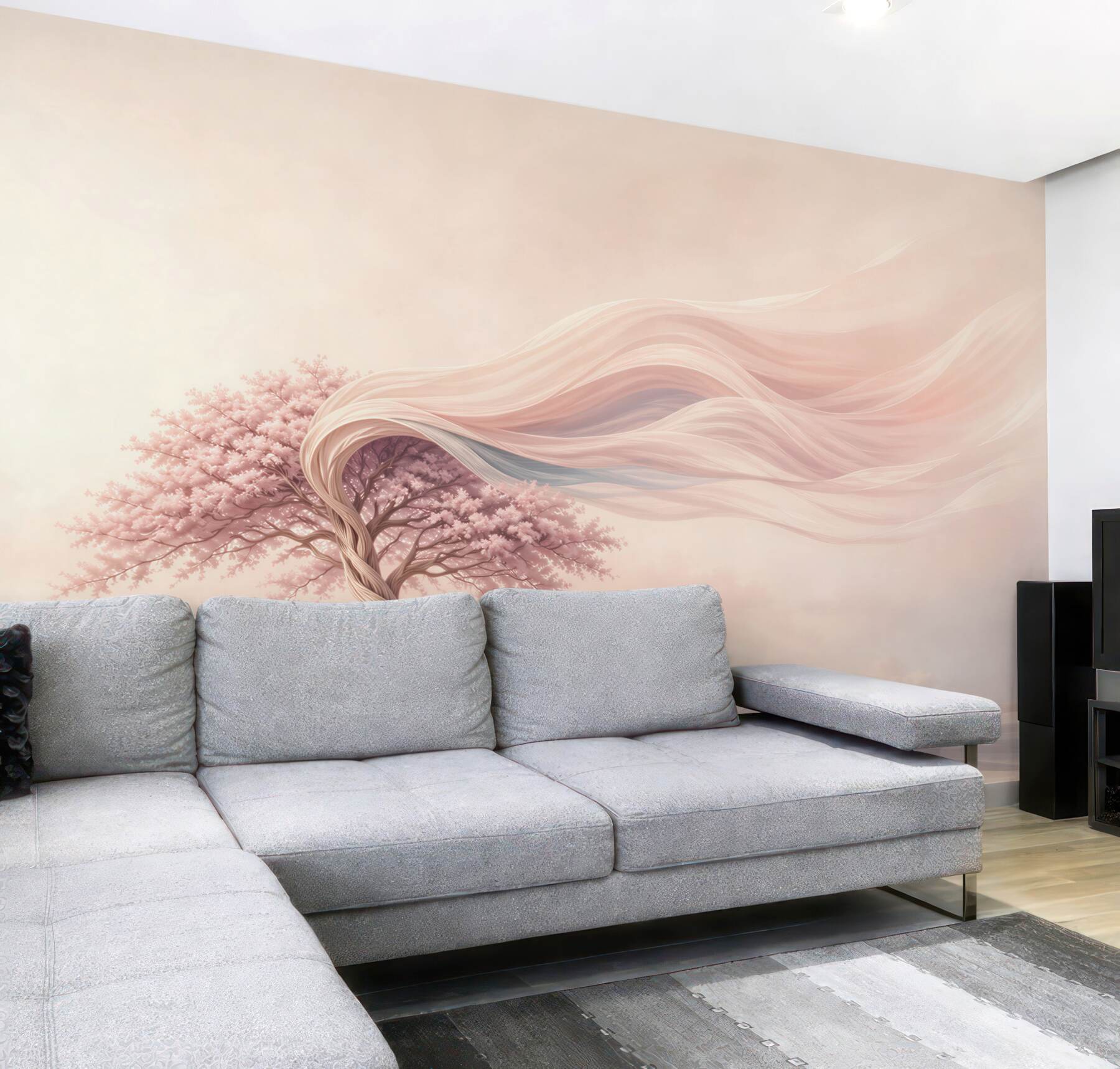 Fototapeta różowe drzewo fantasy na pastelowym krajobrazie