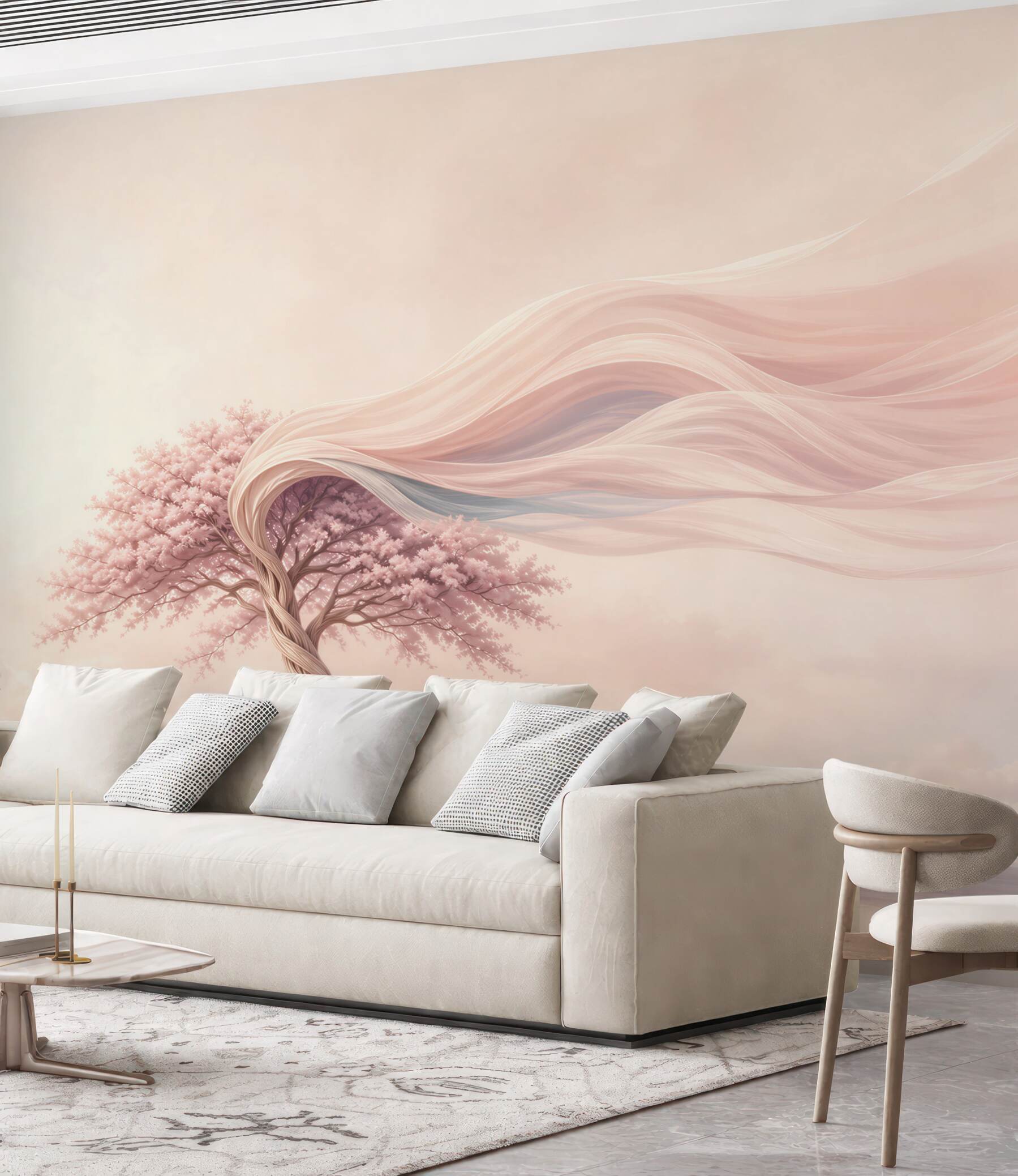 Fototapeta różowe drzewo fantasy na pastelowym krajobrazie