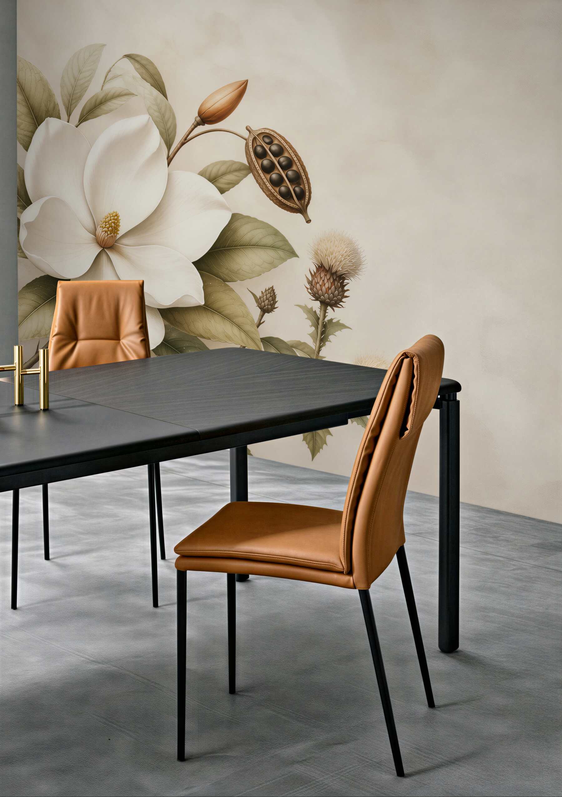 Fototapeta magnolia kremowa z liśćmi w stylu botanicznym
