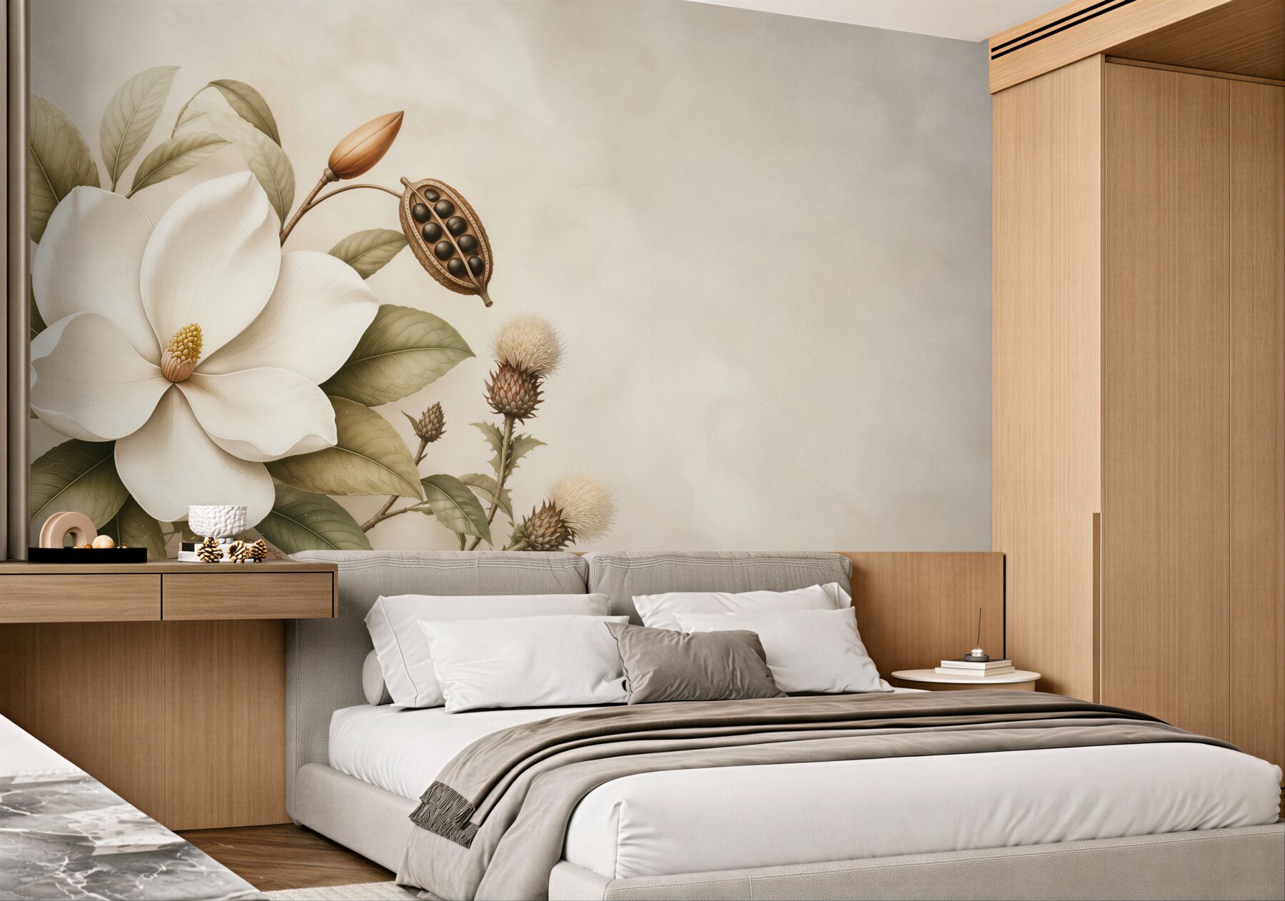 Fototapeta magnolia kremowa z liśćmi w stylu botanicznym