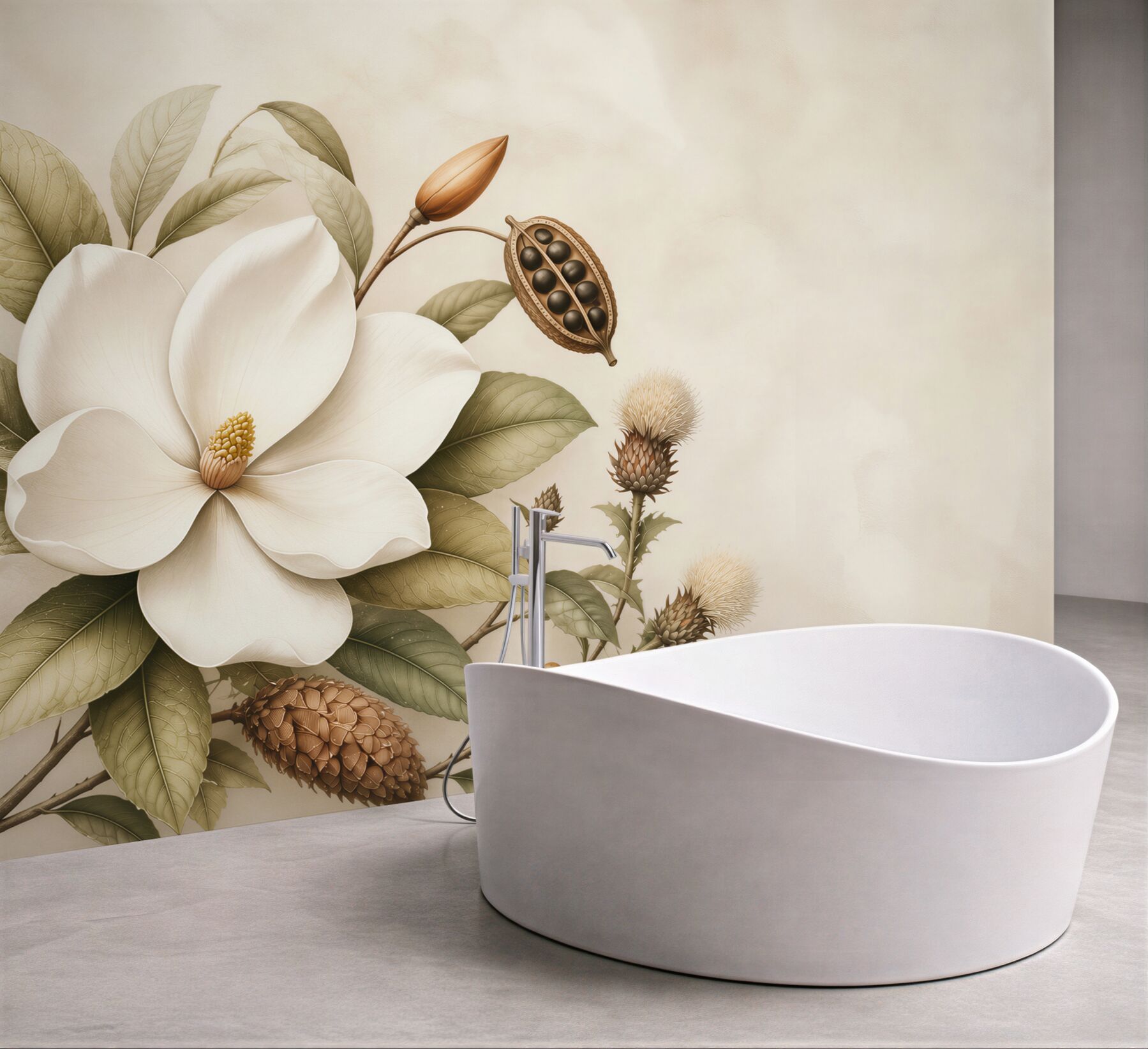 Fototapeta magnolia kremowa z liśćmi w stylu botanicznym