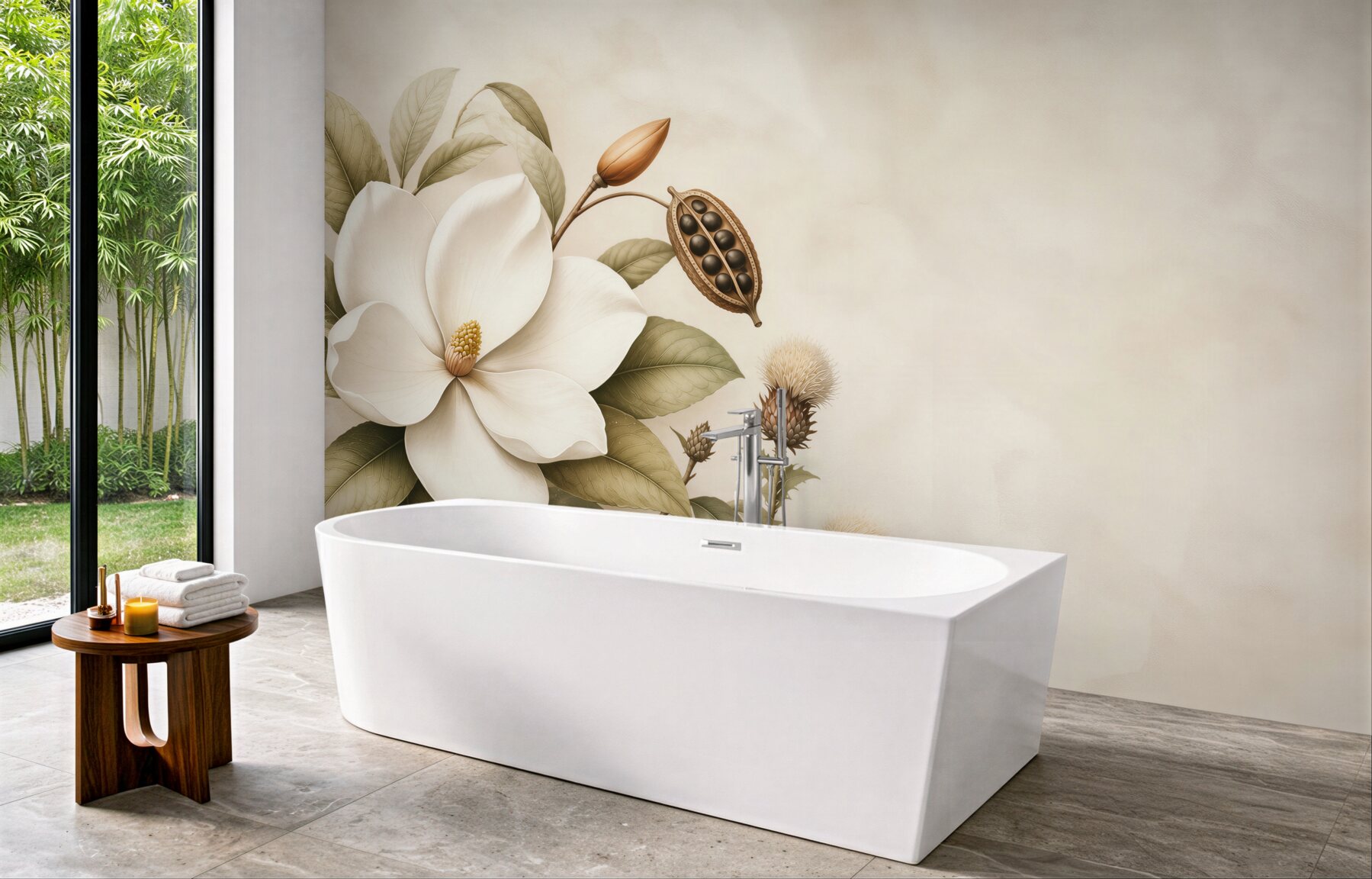 Fototapeta magnolia kremowa z liśćmi w stylu botanicznym