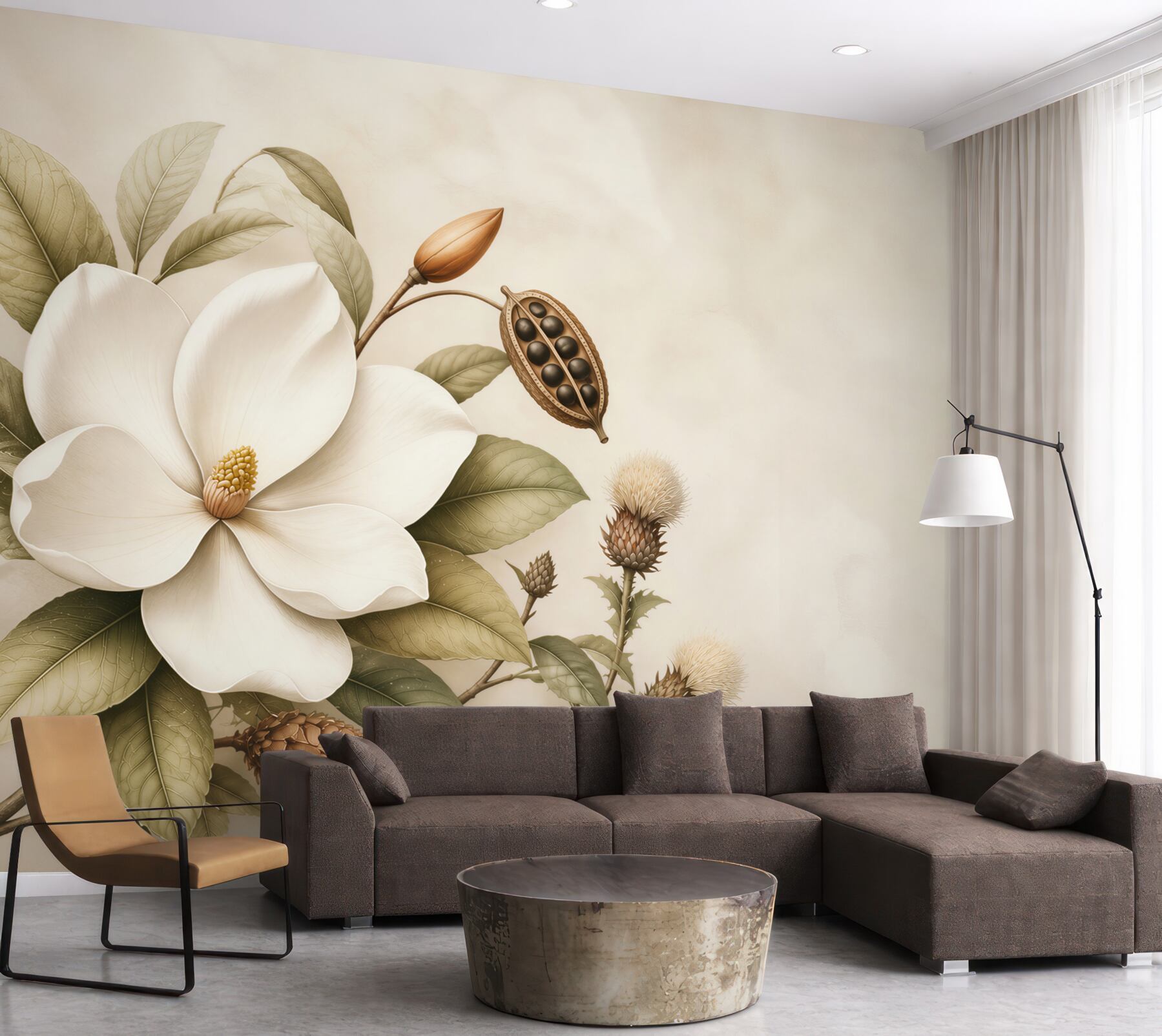Fototapeta magnolia kremowa z liśćmi w stylu botanicznym