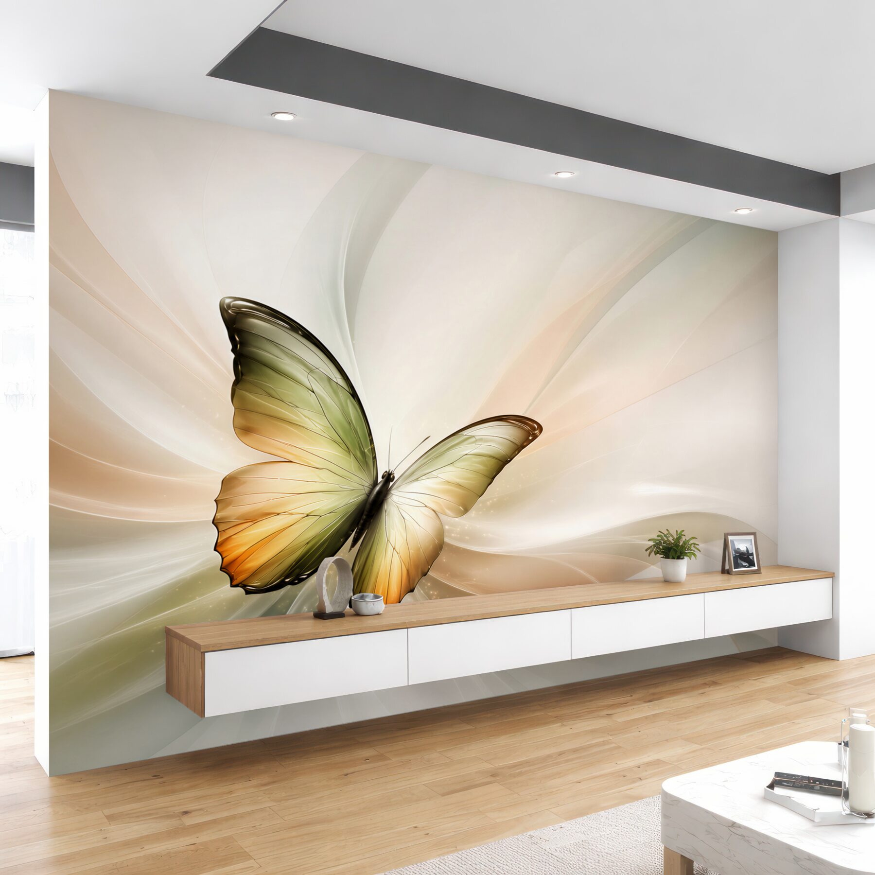 Fototapeta motyl abstrakcyjny w beżowo zielonych tonach elegancka