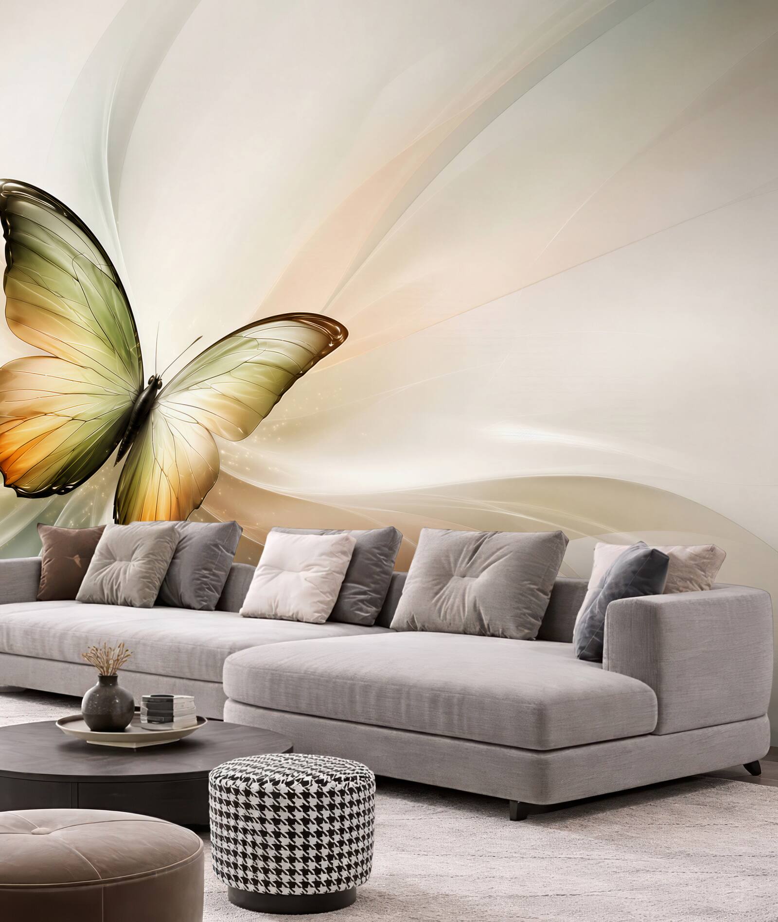 Fototapeta motyl abstrakcyjny w beżowo zielonych tonach elegancka
