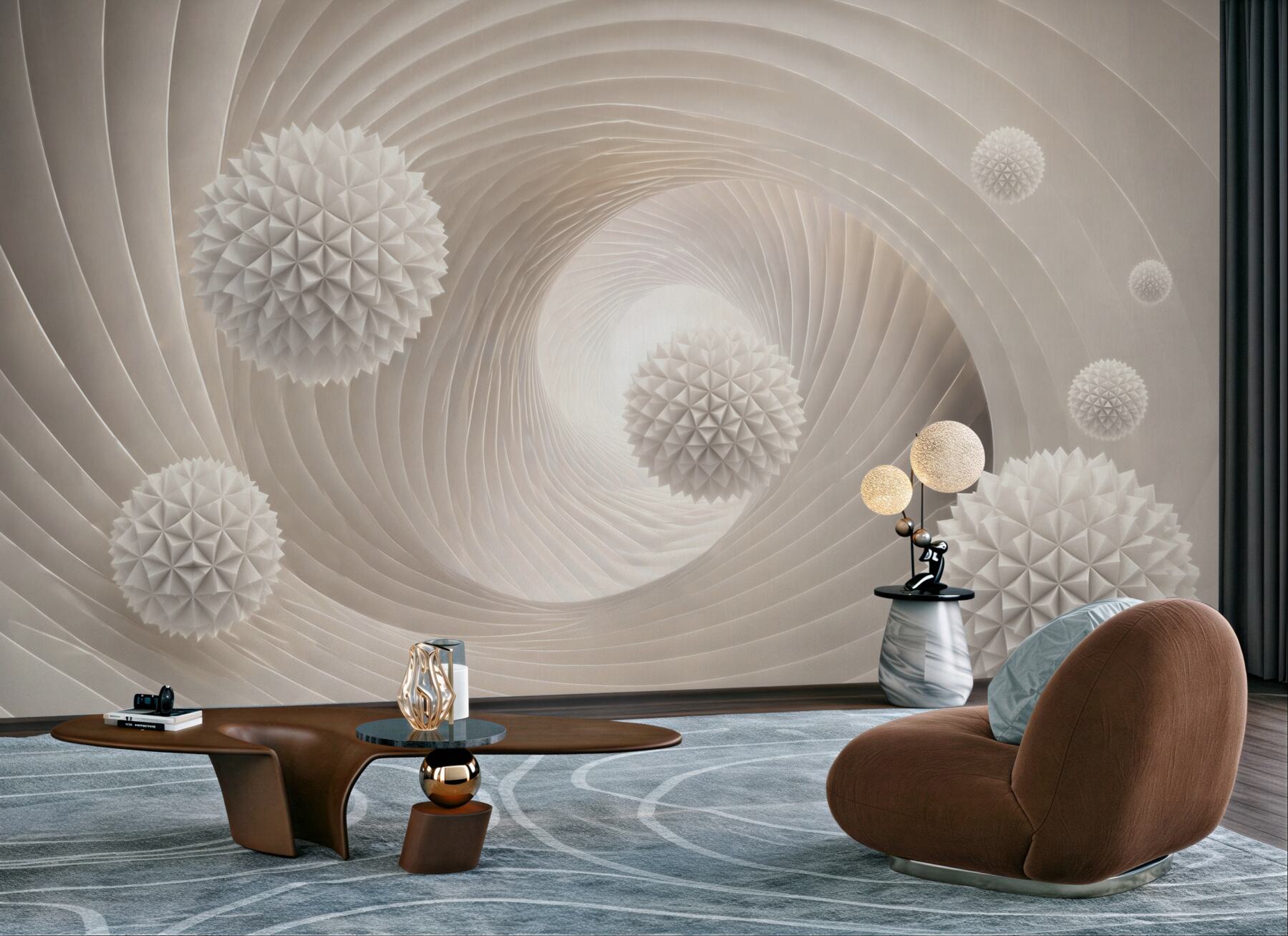 Fototapeta abstrakcyjne białe kule 3D w spiralnym tunelu nowoczesna