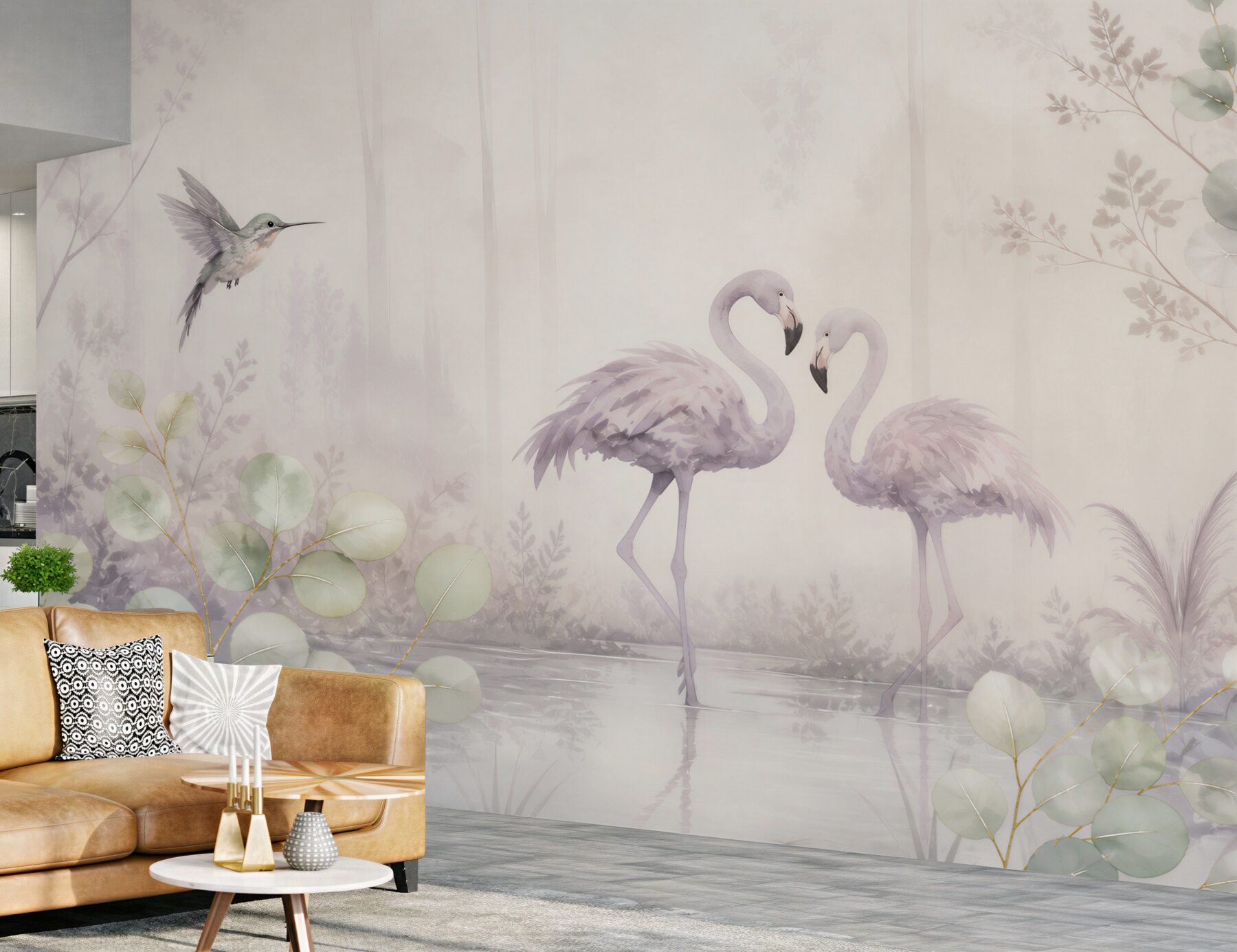 Fototapeta flamingi i koliber pastelowe w leśnej scenerii