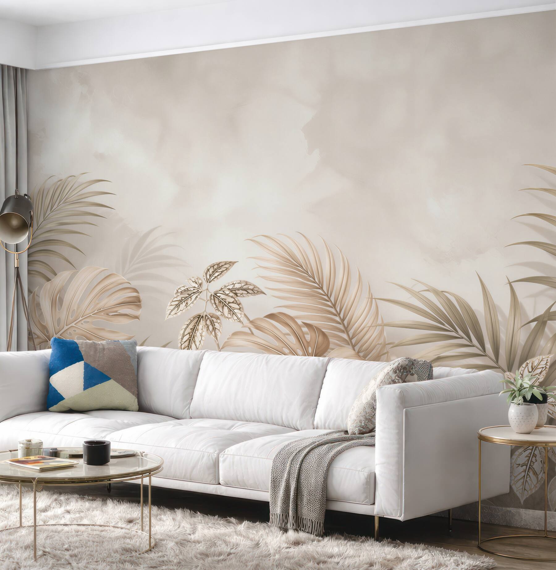 Fototapeta beżowe liście tropikalne monstery i palm subtelna elegancja