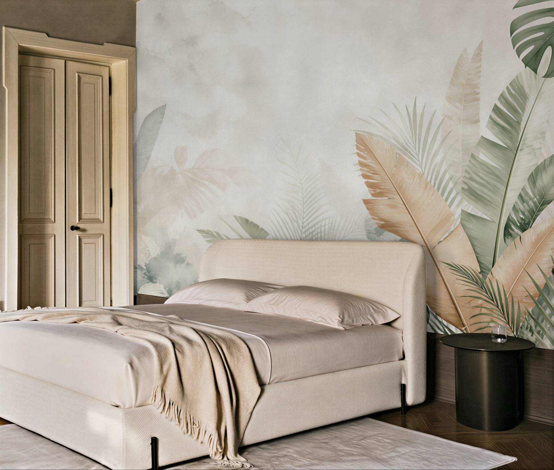 Fototapeta liście tropikalne beżowo zielone delikatne do jasnego salonu