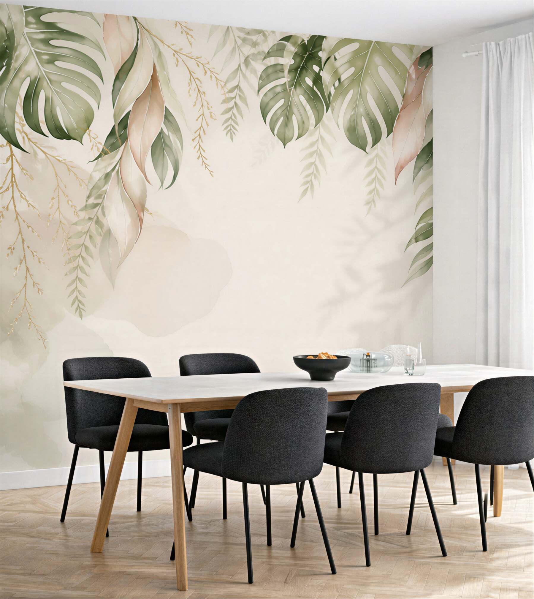 Fototapeta liście tropikalne monstera i palma beżowo zielone eleganckie
