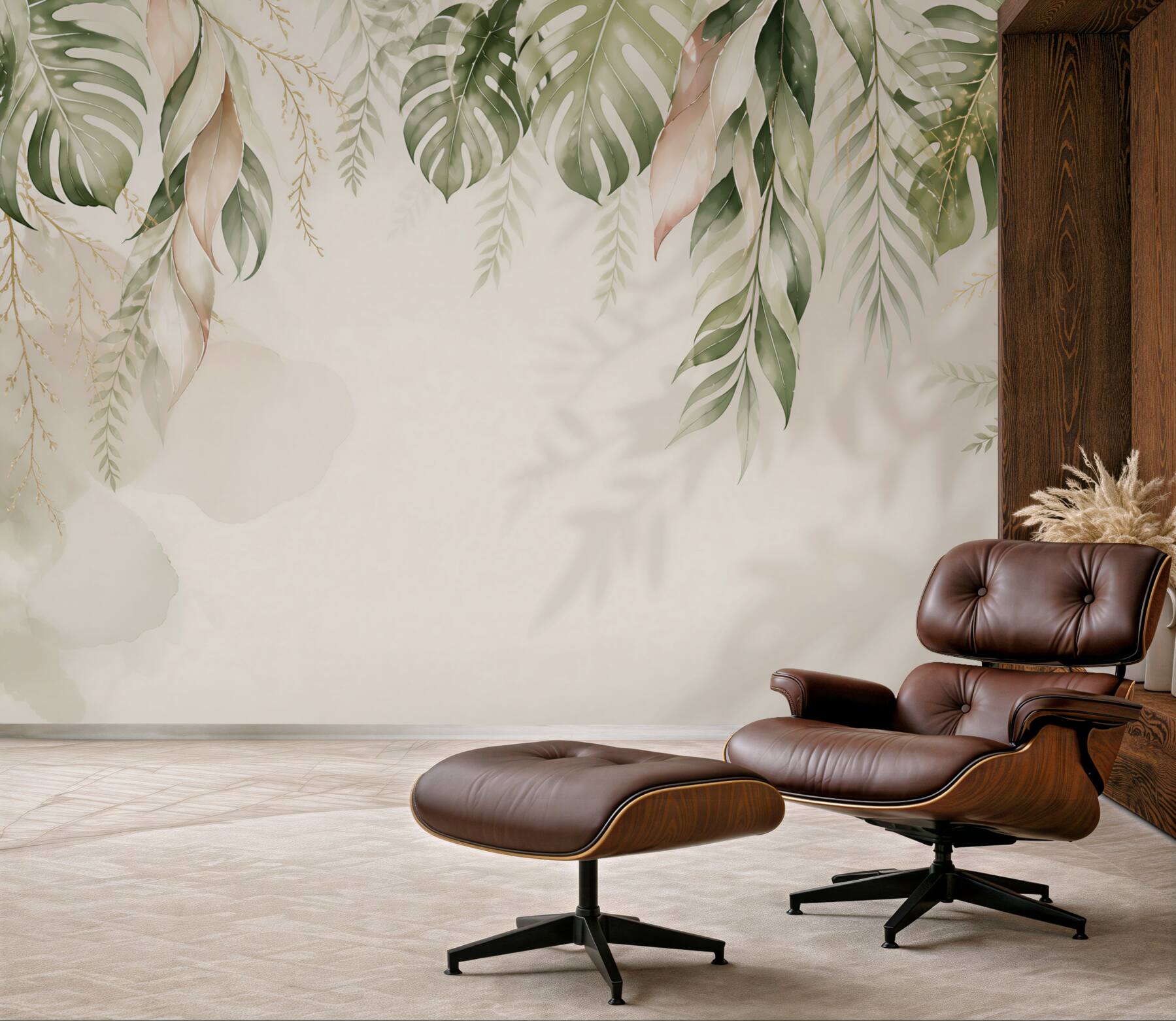 Fototapeta liście tropikalne monstera i palma beżowo zielone eleganckie