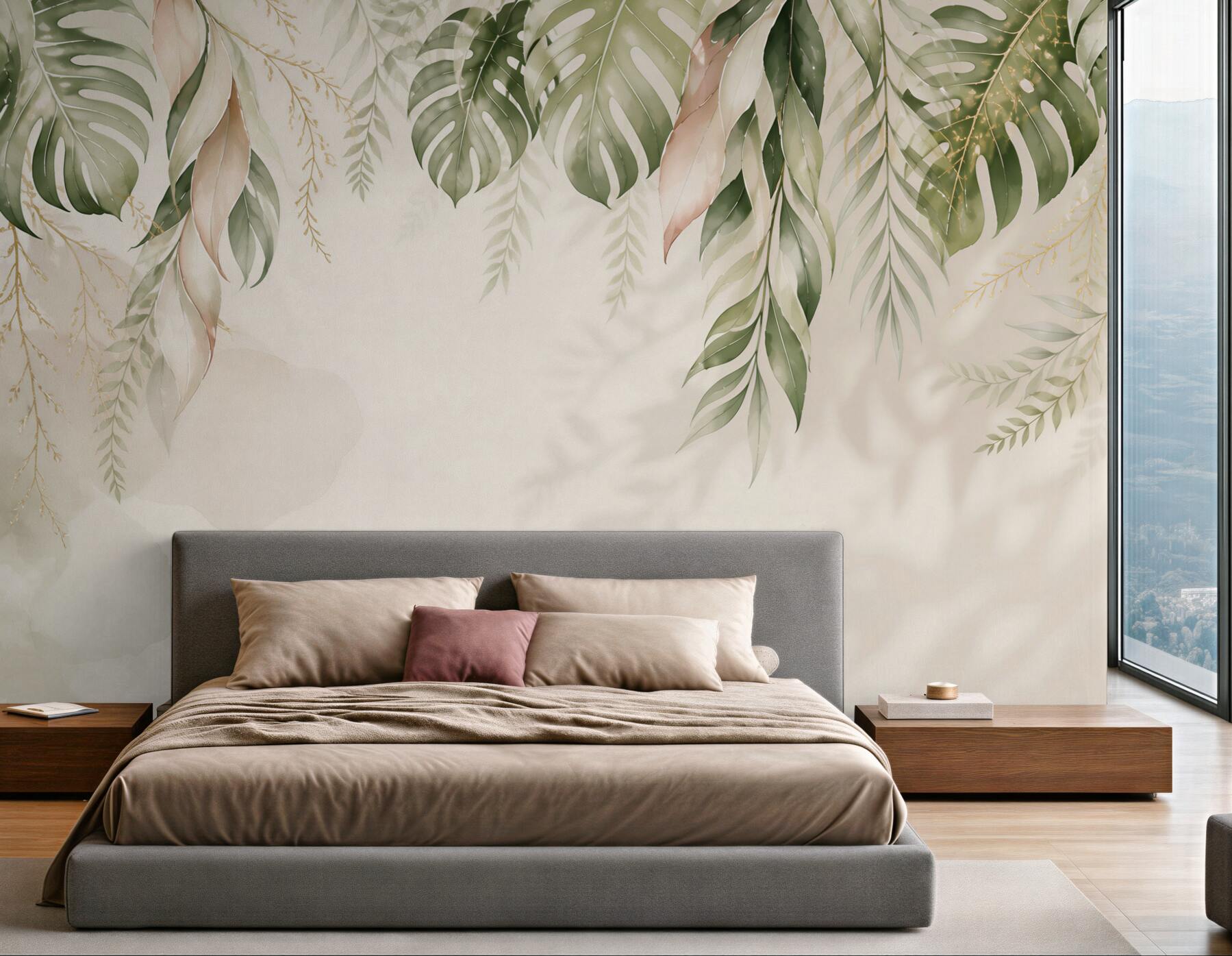 Fototapeta liście tropikalne monstera i palma beżowo zielone eleganckie