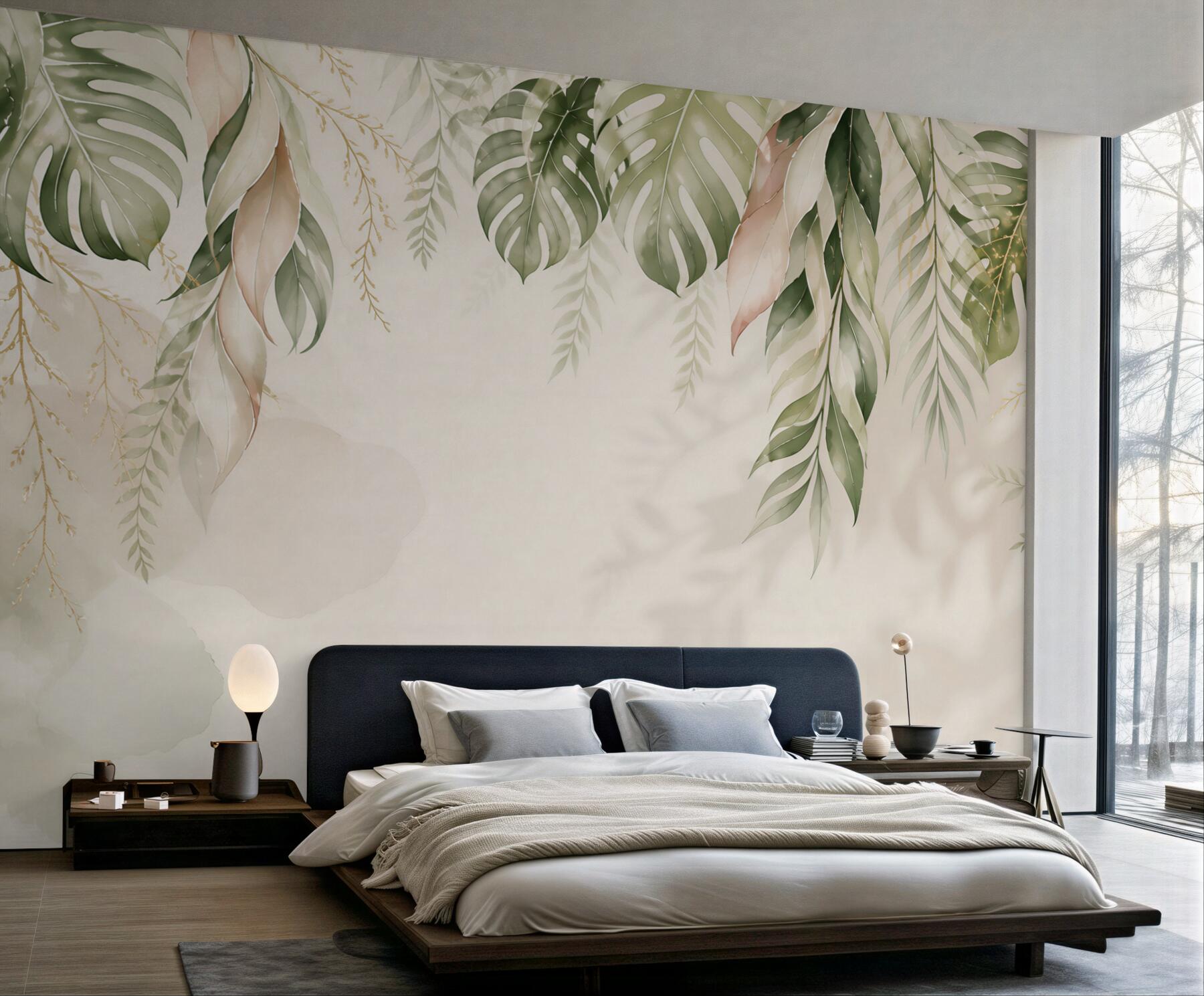 Fototapeta liście tropikalne monstera i palma beżowo zielone eleganckie