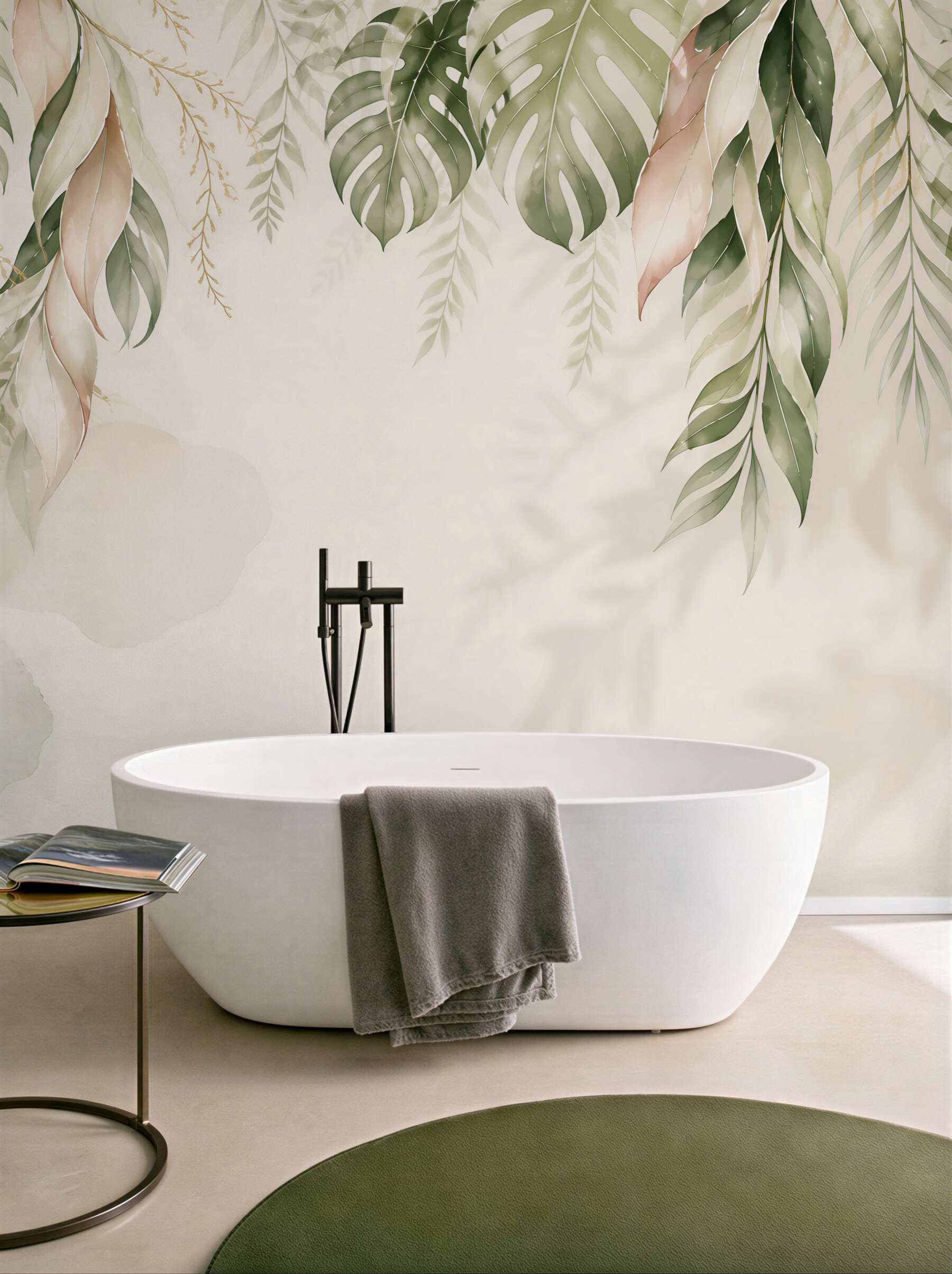 Fototapeta liście tropikalne monstera i palma beżowo zielone eleganckie