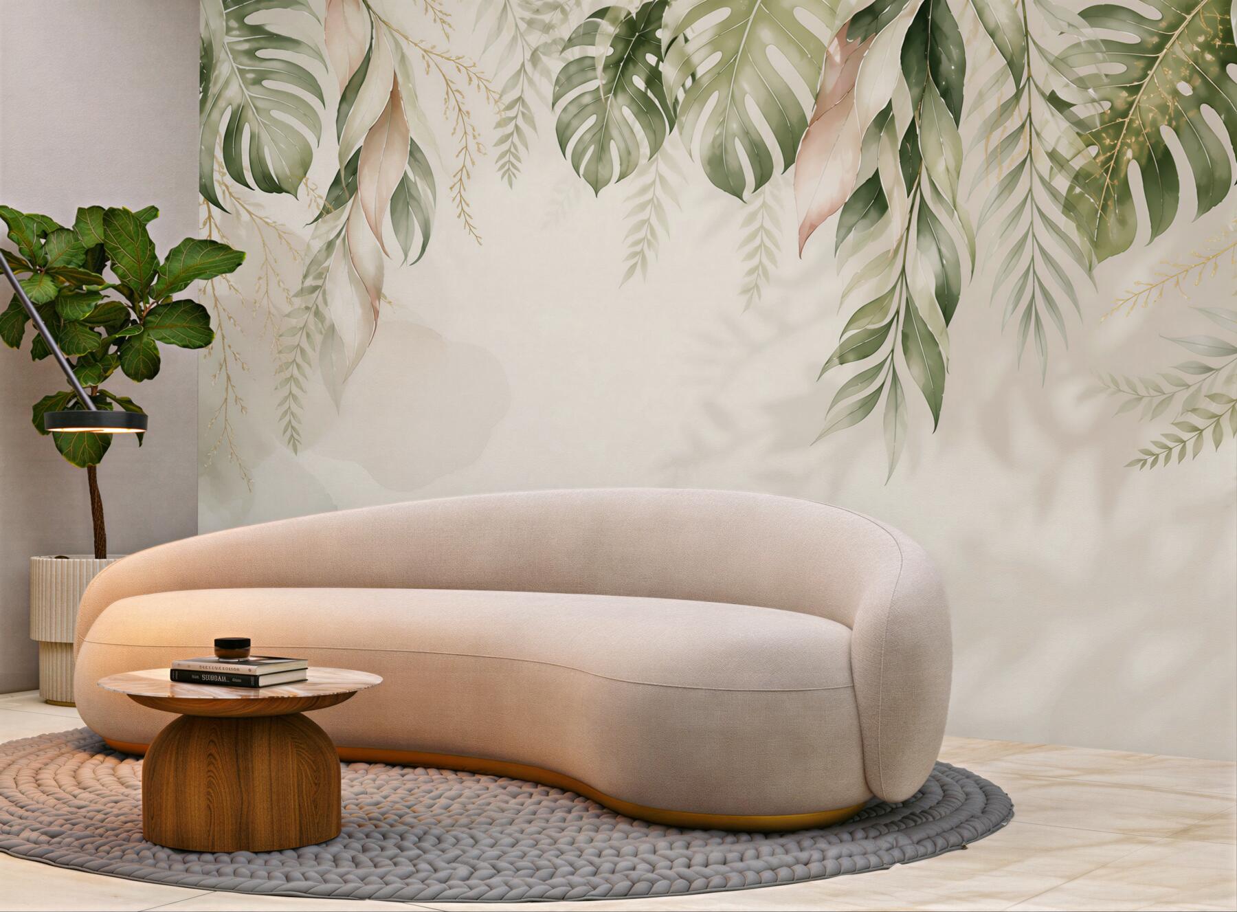 Fototapeta liście tropikalne monstera i palma beżowo zielone eleganckie