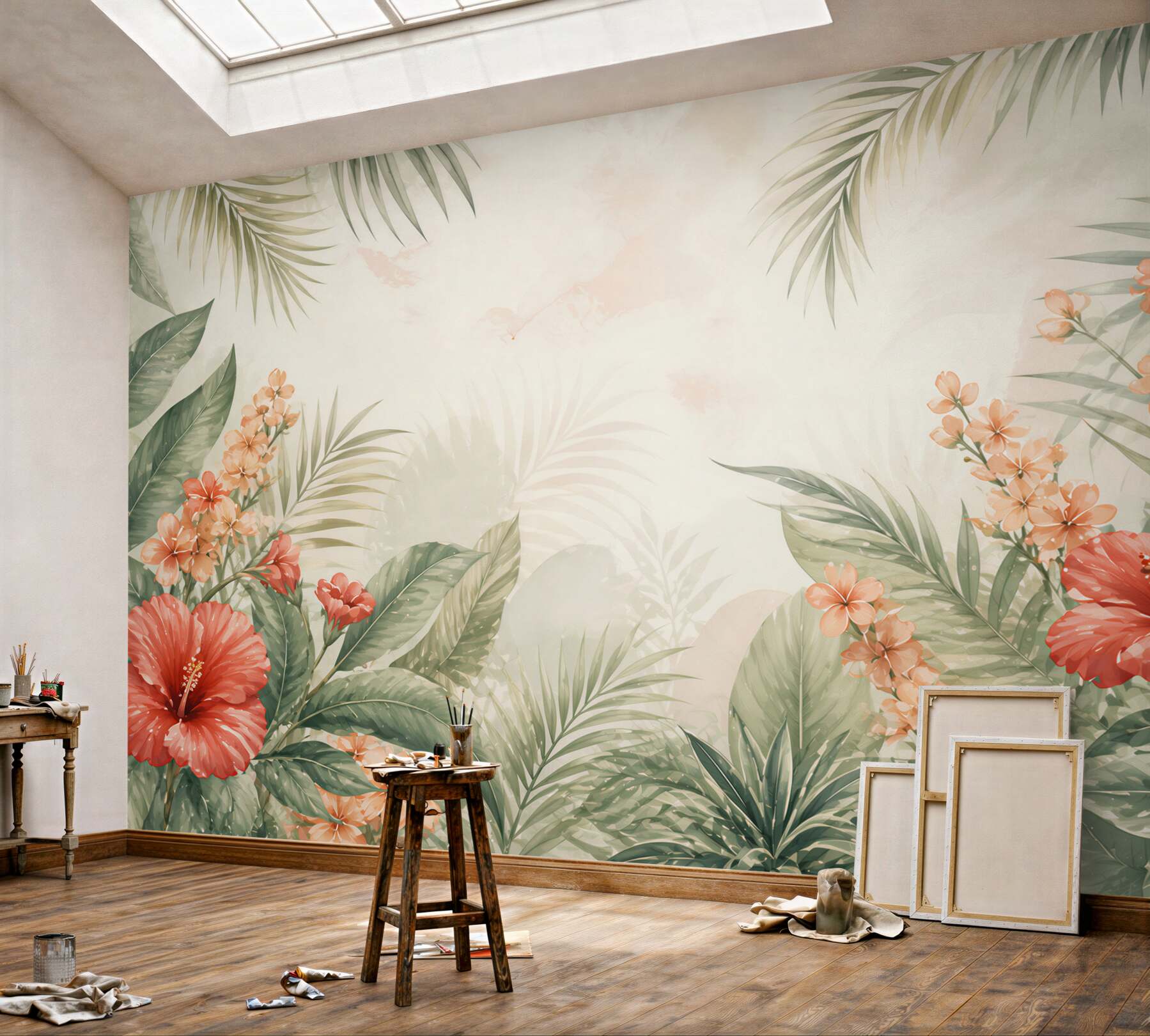 Fototapeta hibiskusy i liście tropikalne w pastelowych kolorach
