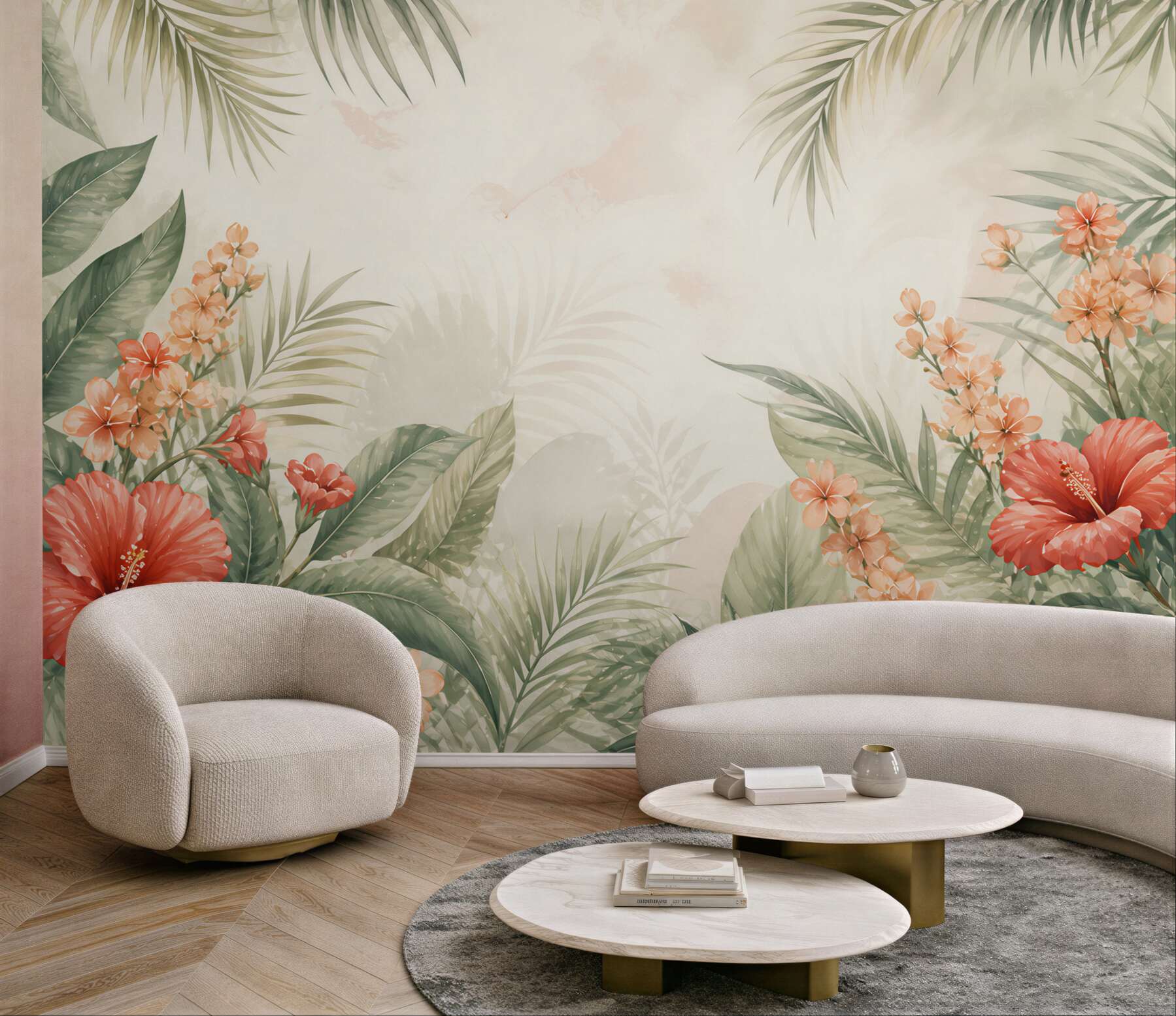 Fototapeta hibiskusy i liście tropikalne w pastelowych kolorach