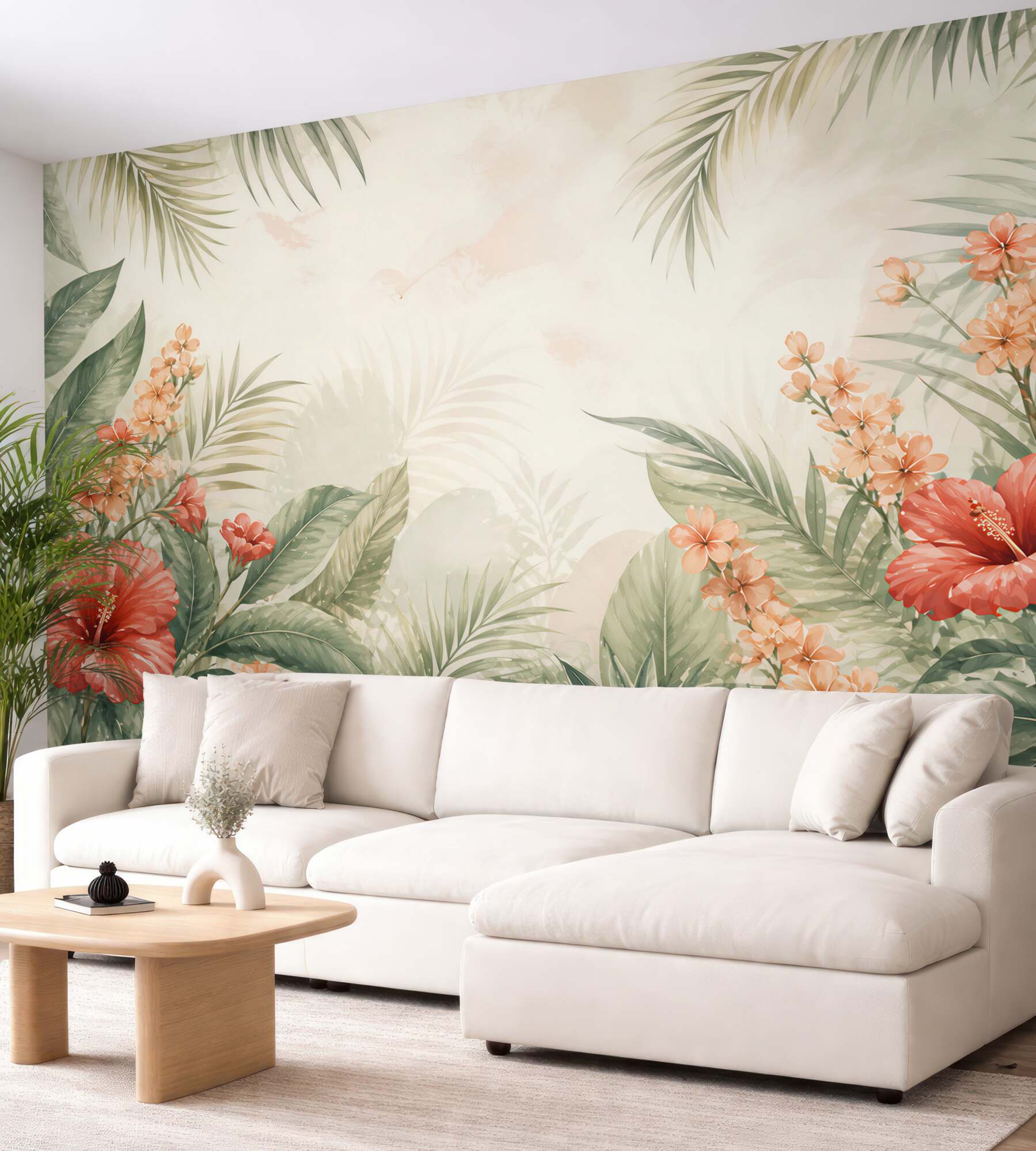 Fototapeta hibiskusy i liście tropikalne w pastelowych kolorach