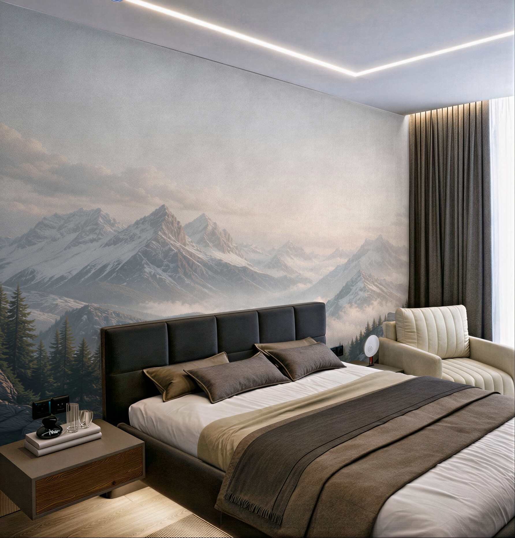Fototapeta góry we mgle o wschodzie słońca do nowoczesnego salonu