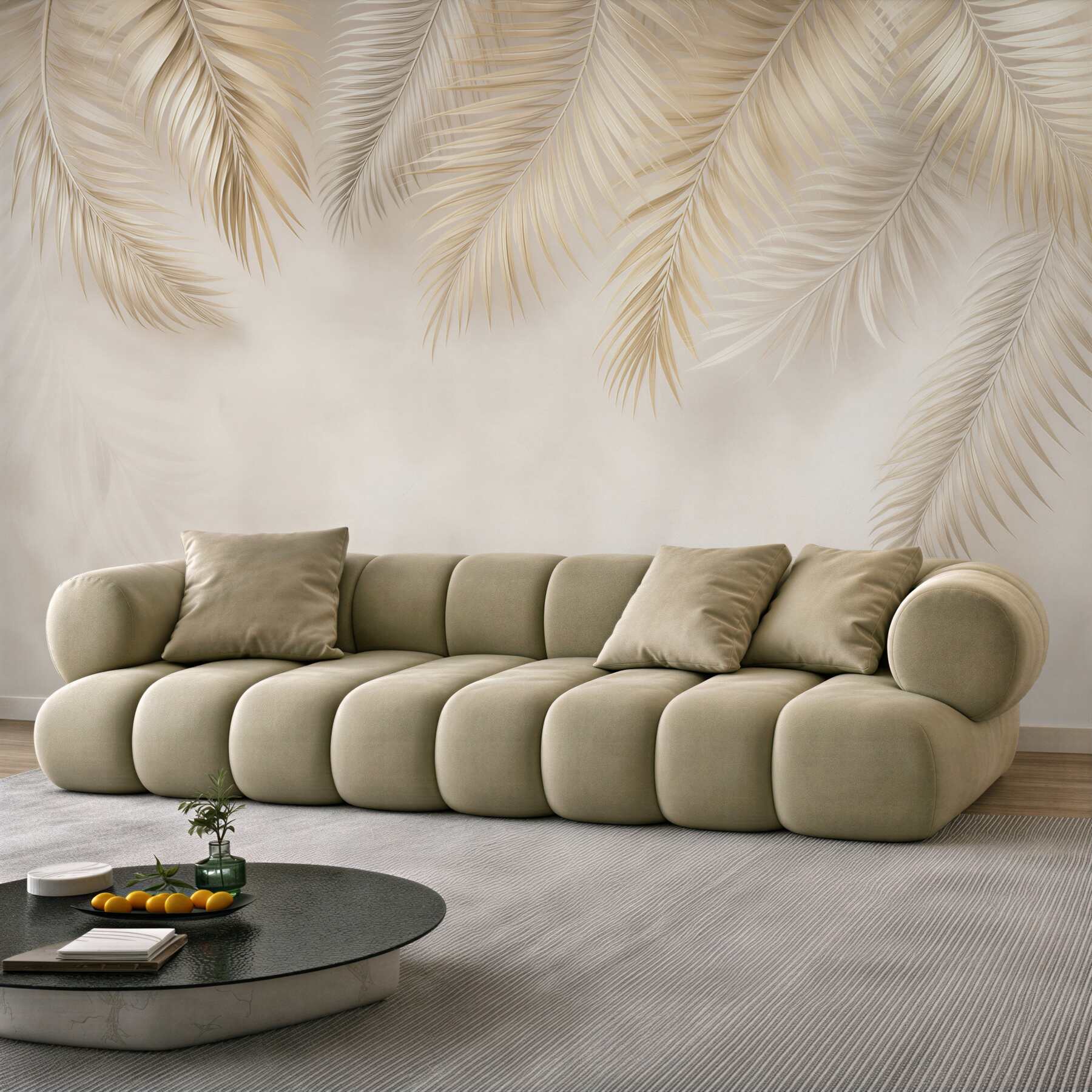 Fototapeta delikatne liście palmowe beżowe eleganckie do sypialni